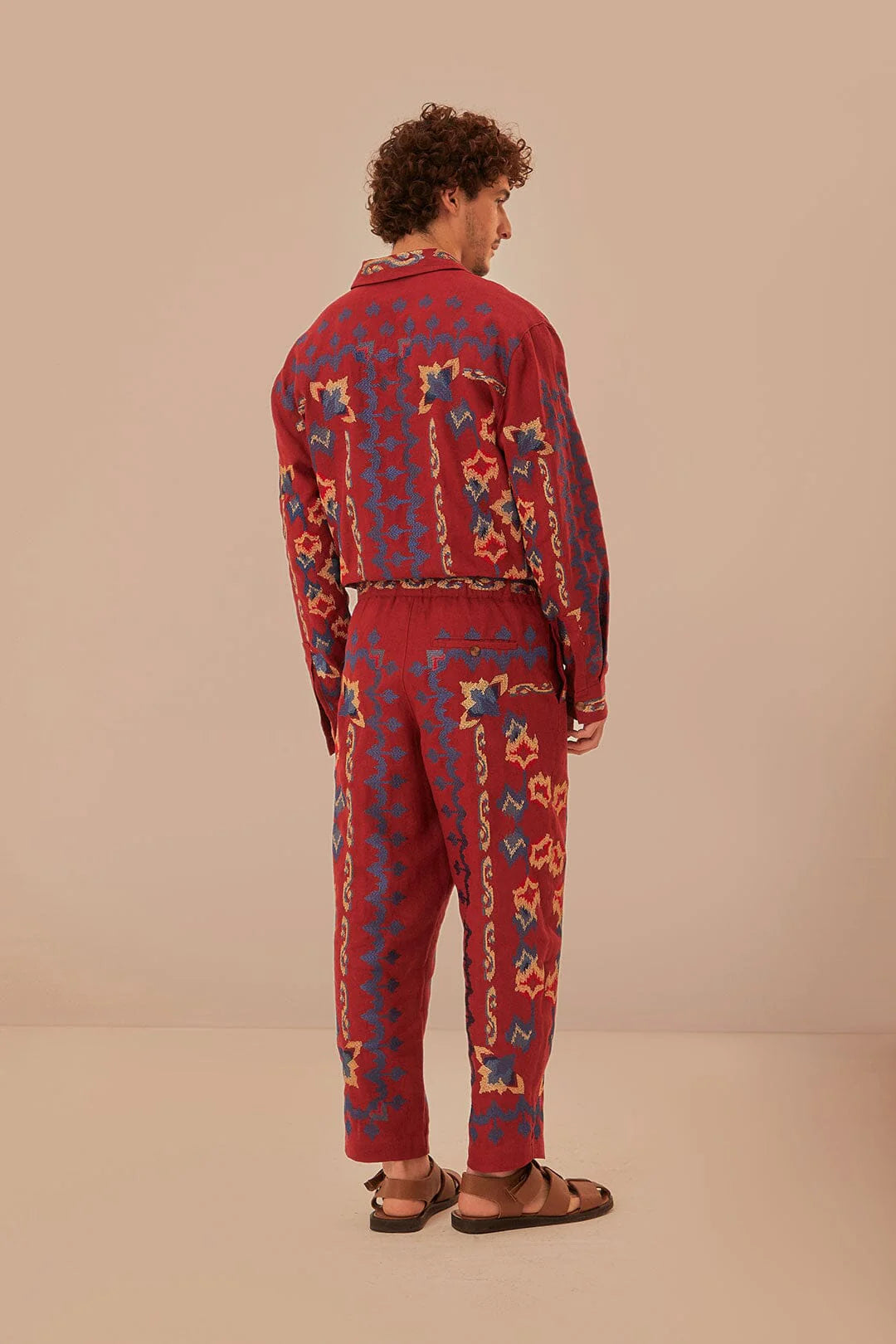 Red Floral Embroidery Jacquard Pants