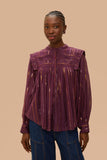 Burgundy Pleated Yoke Long Sleeve Blouse