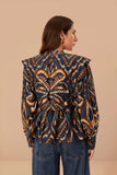 Blue Pineapple Ikat Long Sleeve Matelasse Blouse