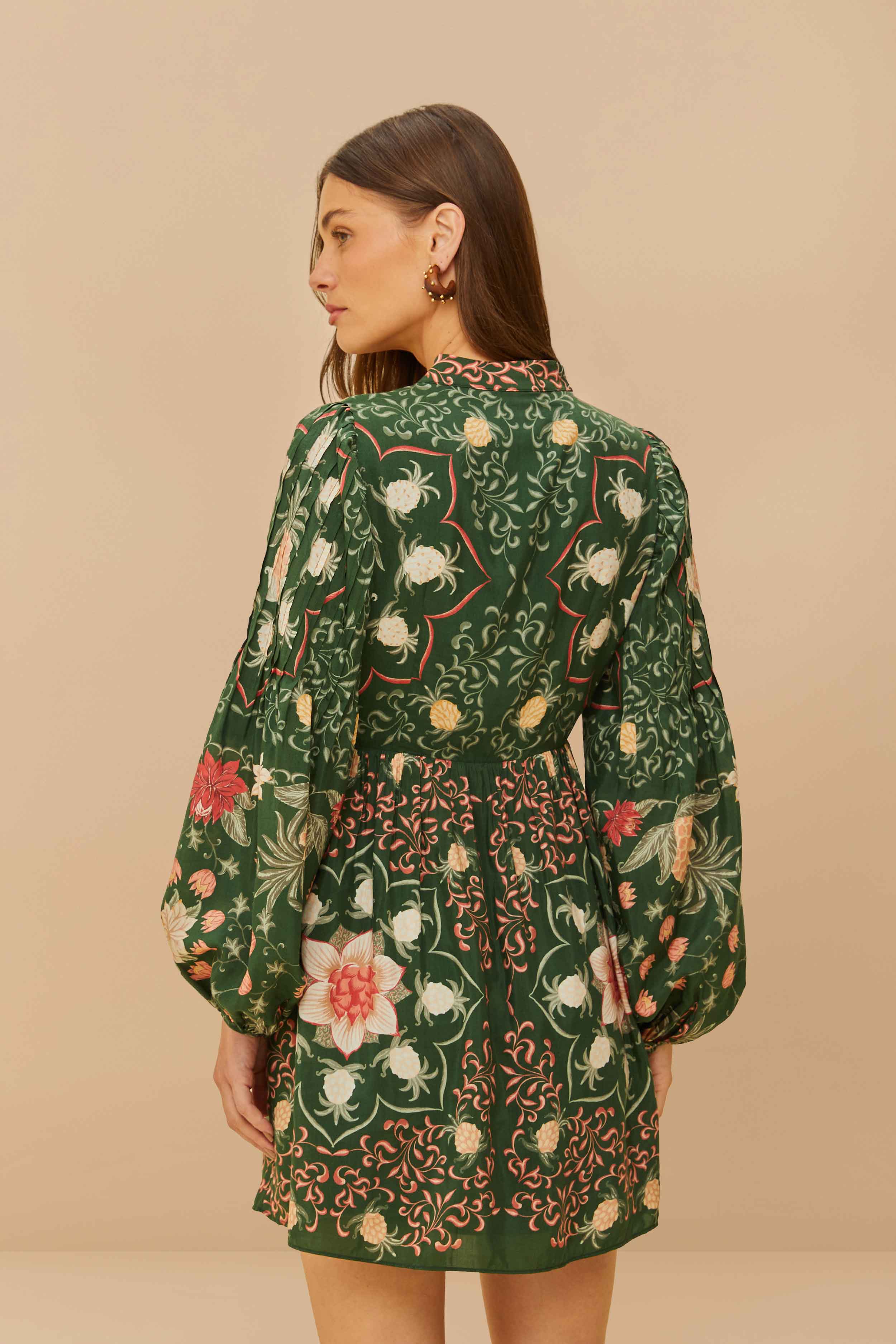 Green Pineapple Garden Long Sleeve Mini Dress