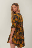 Black Arabesque Floral Puff Sleeve Mini Dress