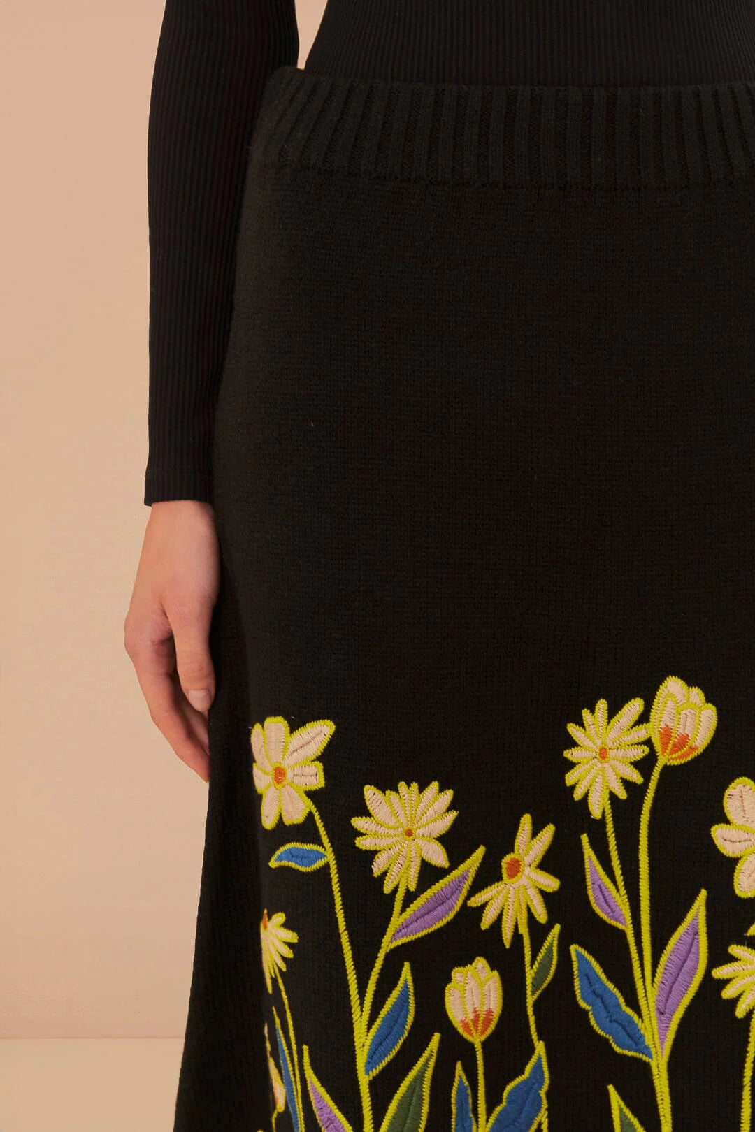 Black Farm Rio Flowers Embroidered Knit Skirt