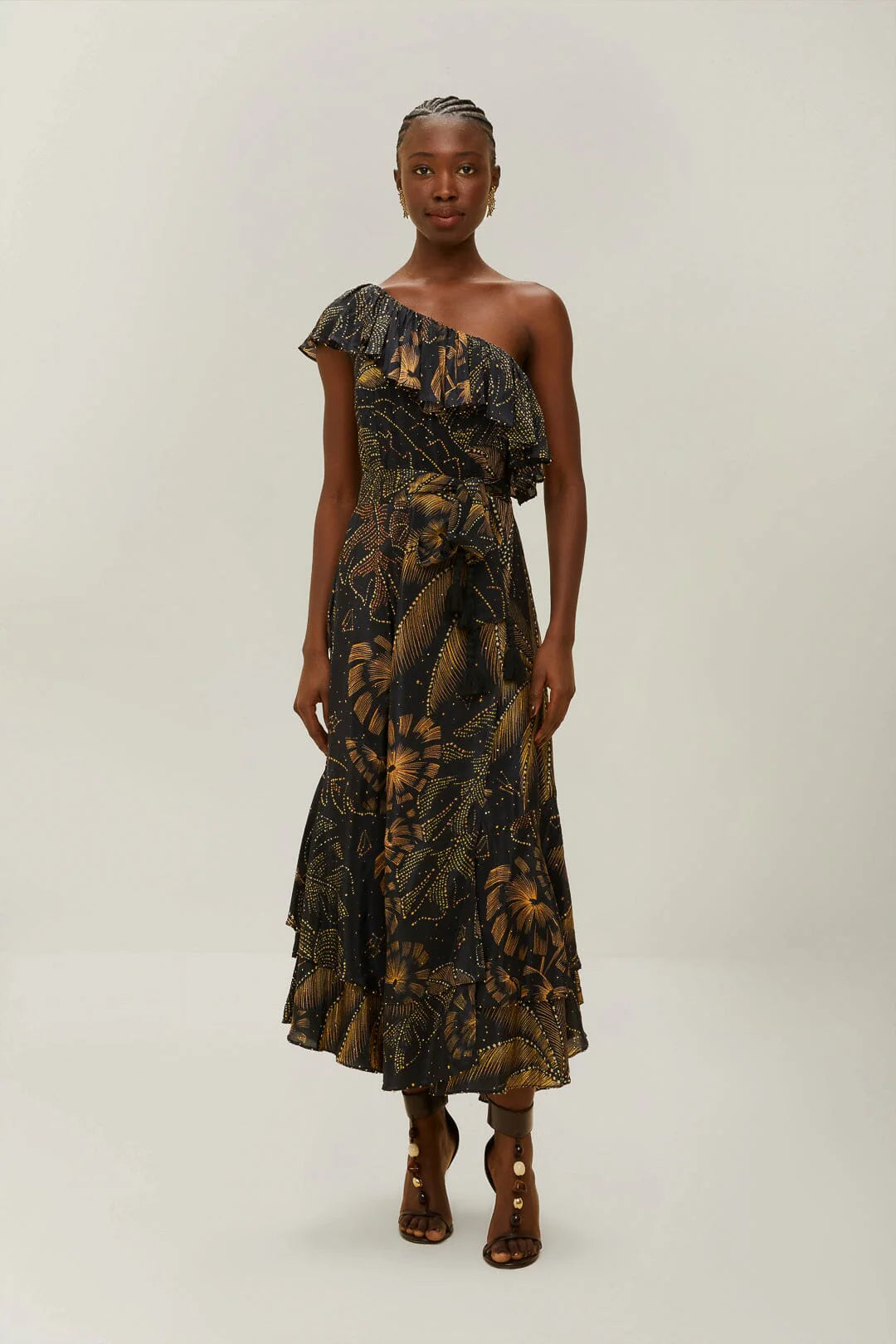 Black Golden Foliage One-Shoulder Maxi Dress