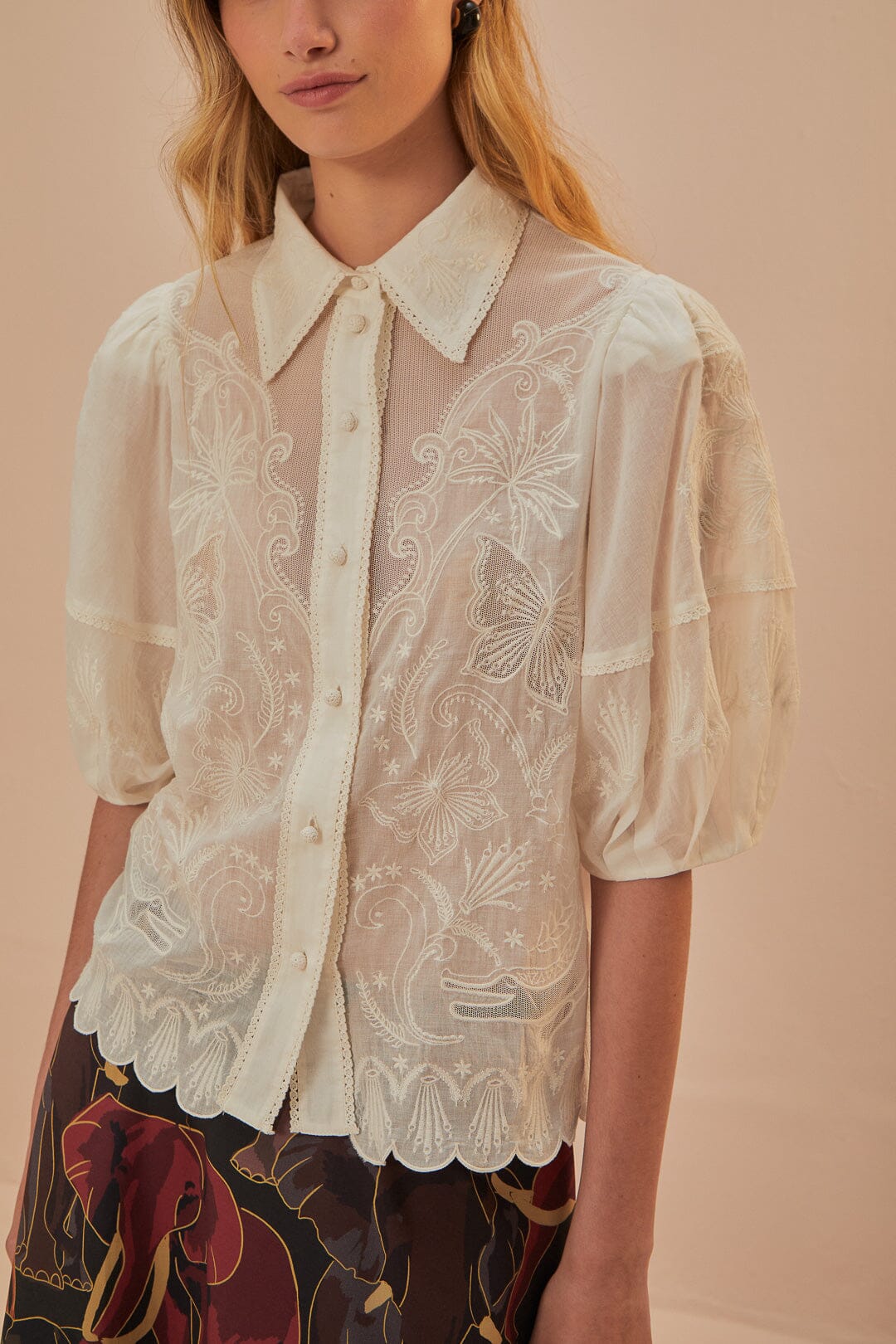 White Embroidered Short Sleeve Blouse