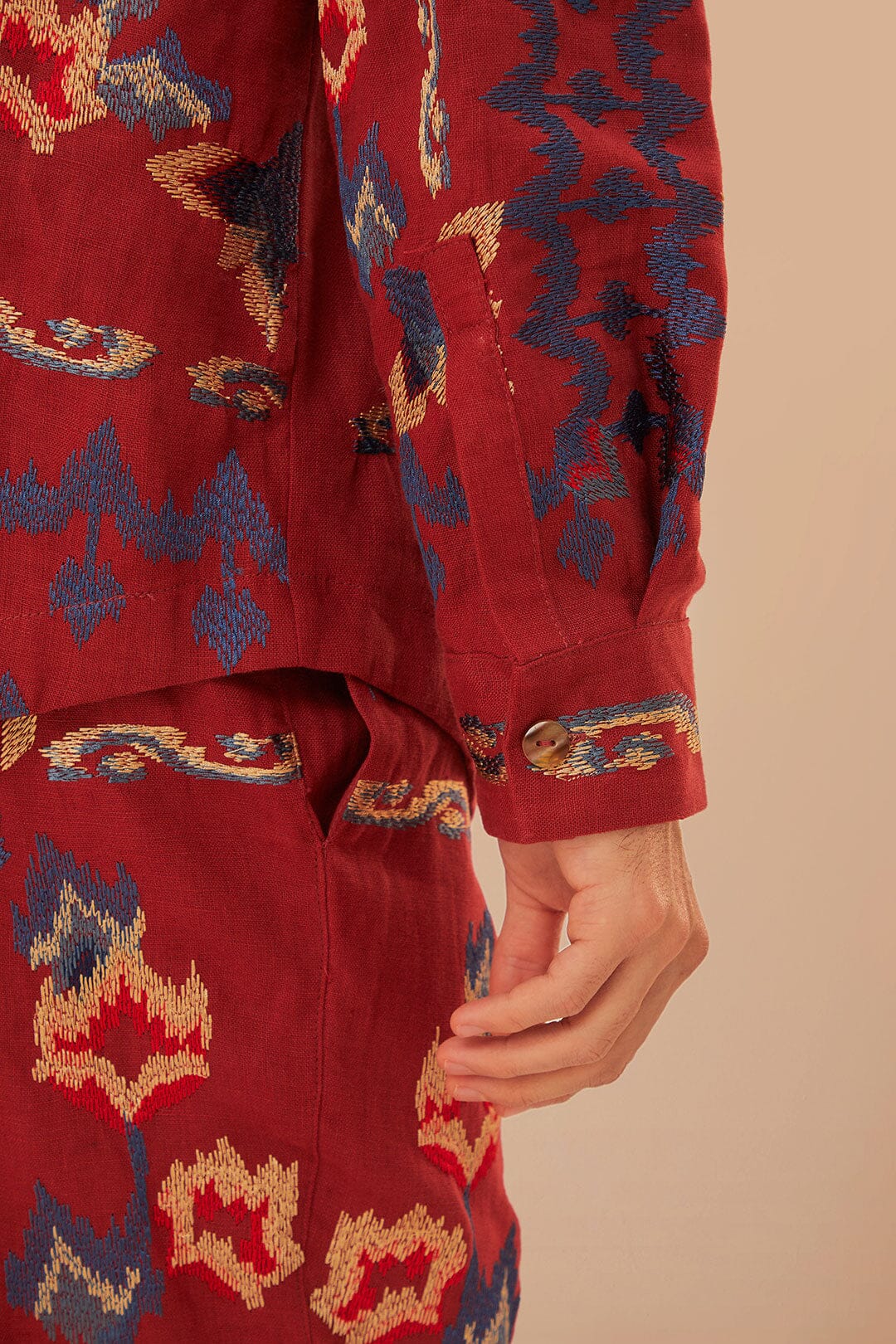 Red Floral Embroidery Jacquard Shirt