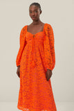 Orange Lace Long Sleeve Midi Dress