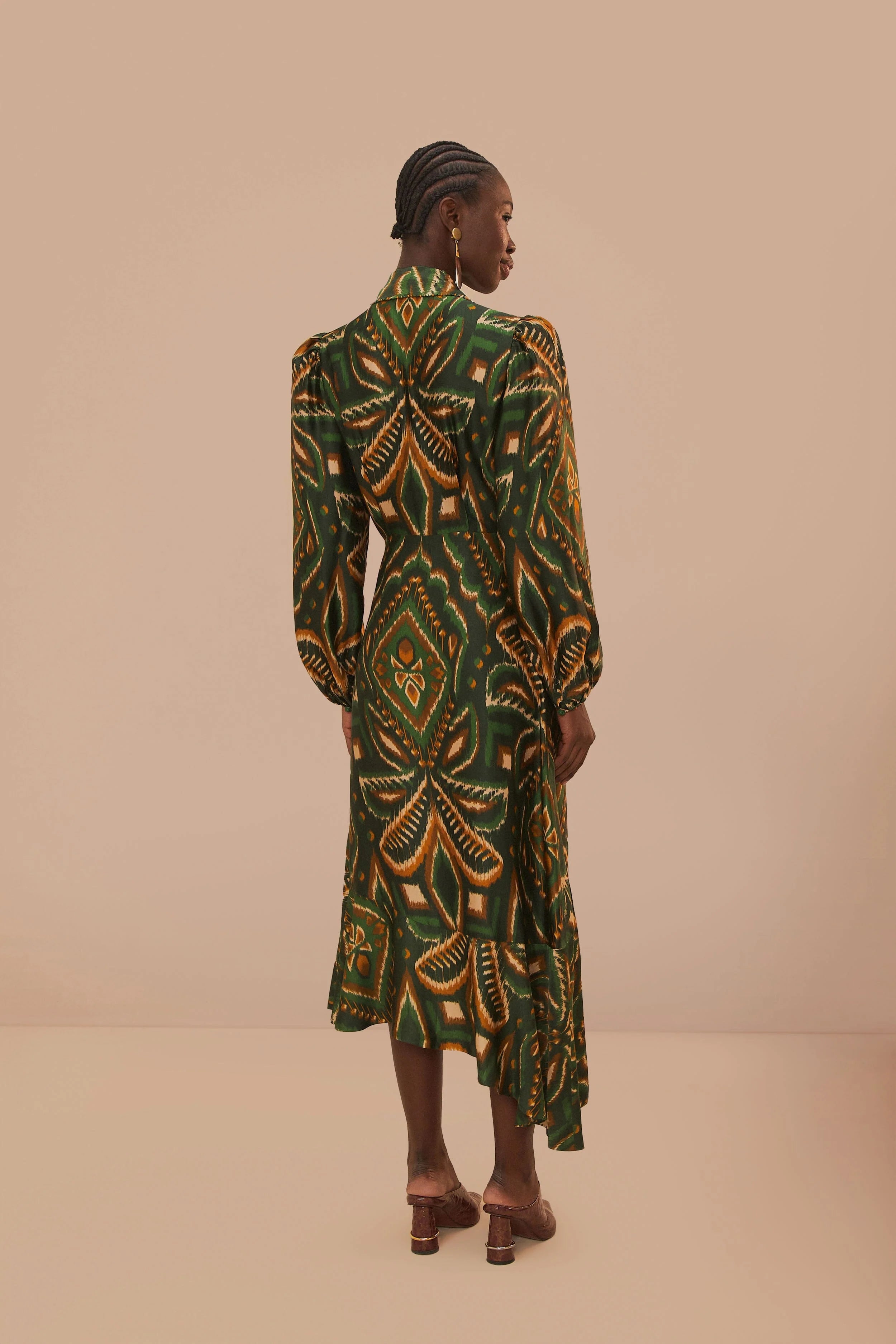 Green Pineapple Ikat Long Sleeve Midi Dress