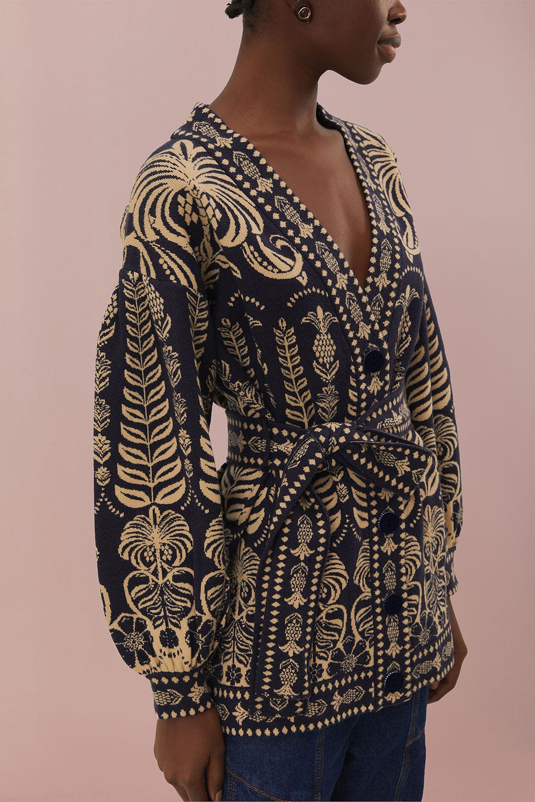 Navy Blue Ainika Tropical Splendor Knit Cardigan