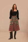 Arabesque Floral Green Buttons Midi Skirt