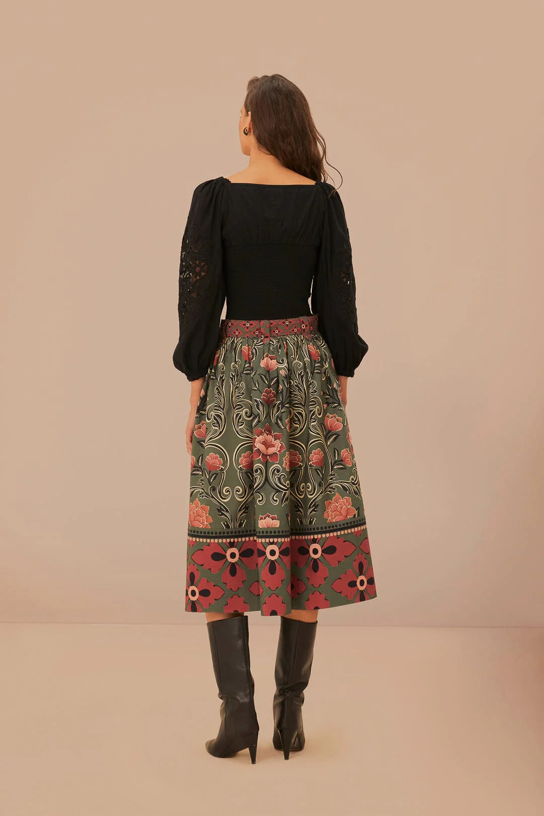 Arabesque Floral Green Buttons Midi Skirt