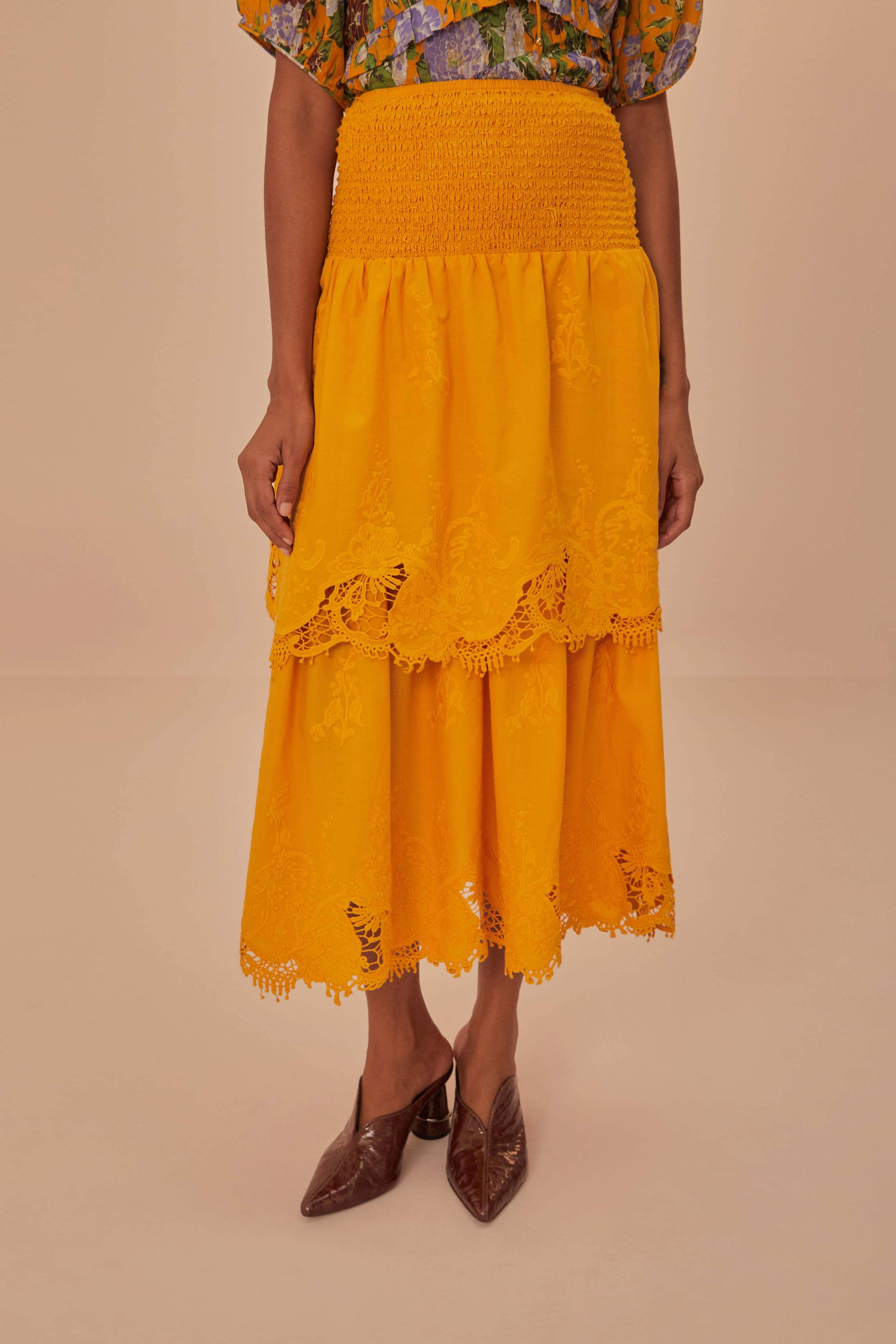 Yellow Mustard Tiered Lace Midi Skirt