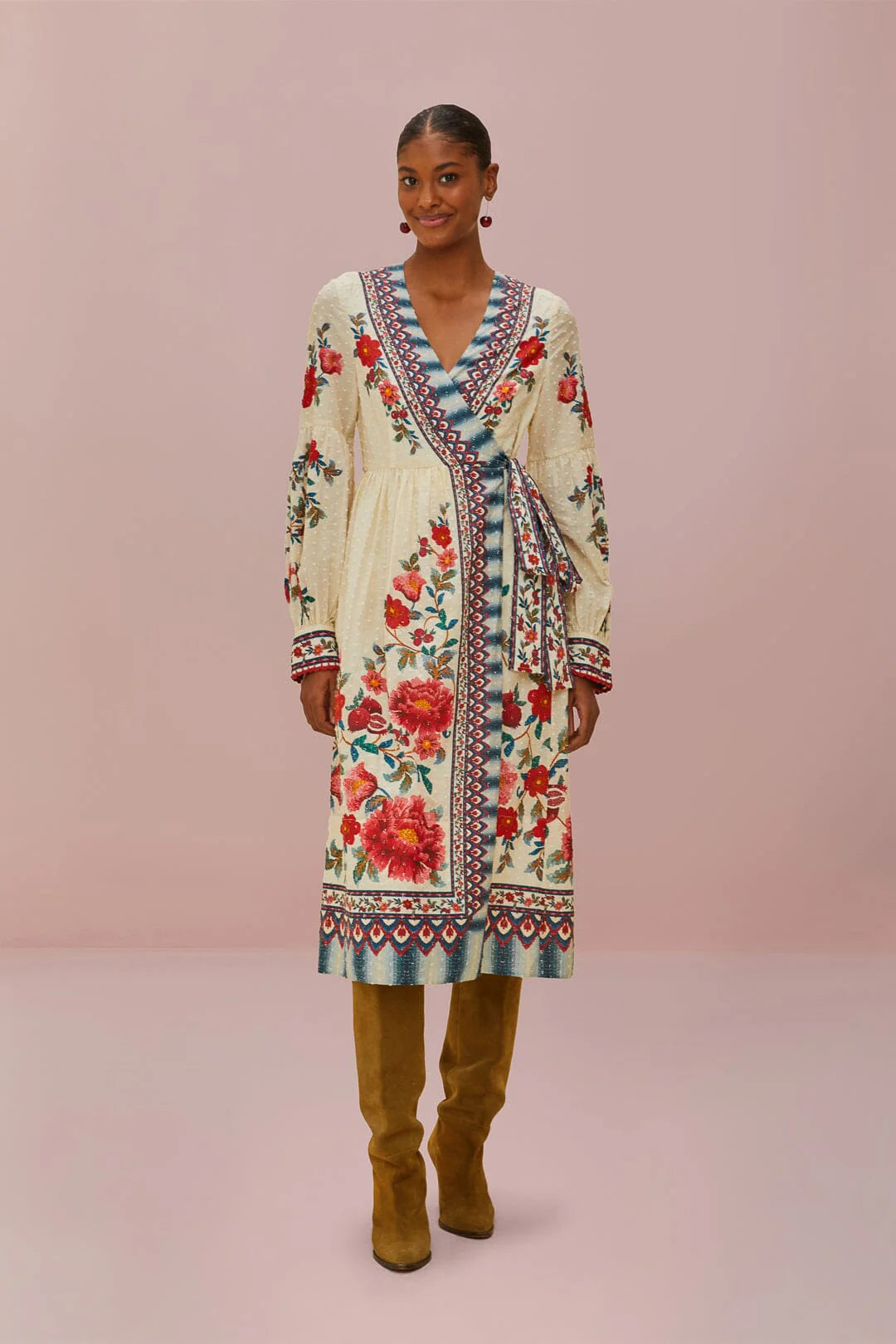 Sand Mosaic Garden Wrap Midi Dress