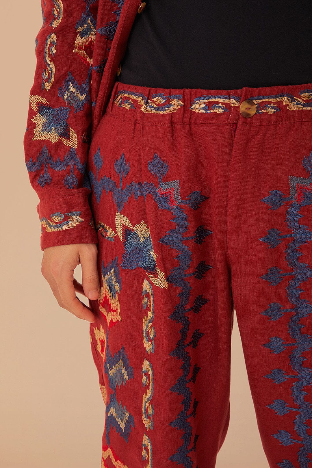 Red Floral Embroidery Jacquard Pants