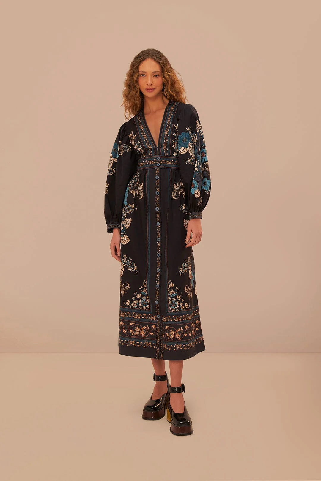 Blossom Tapestry Black Midi Dress