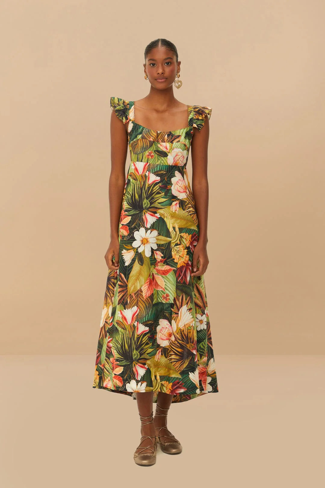 Botanical Forest Multicolor Scoop Neck Ruffled Strap Maxi Dress