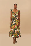 Botanical Forest Multicolor Scoop Neck Ruffled Strap Maxi Dress