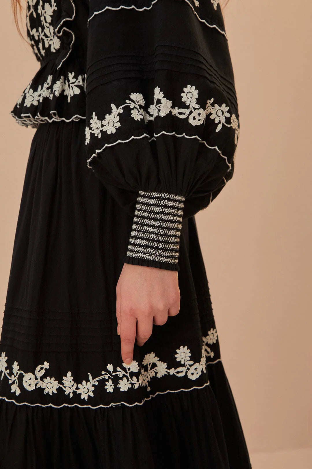 Black Embroidered Ruffle Longe Sleeve Blouse