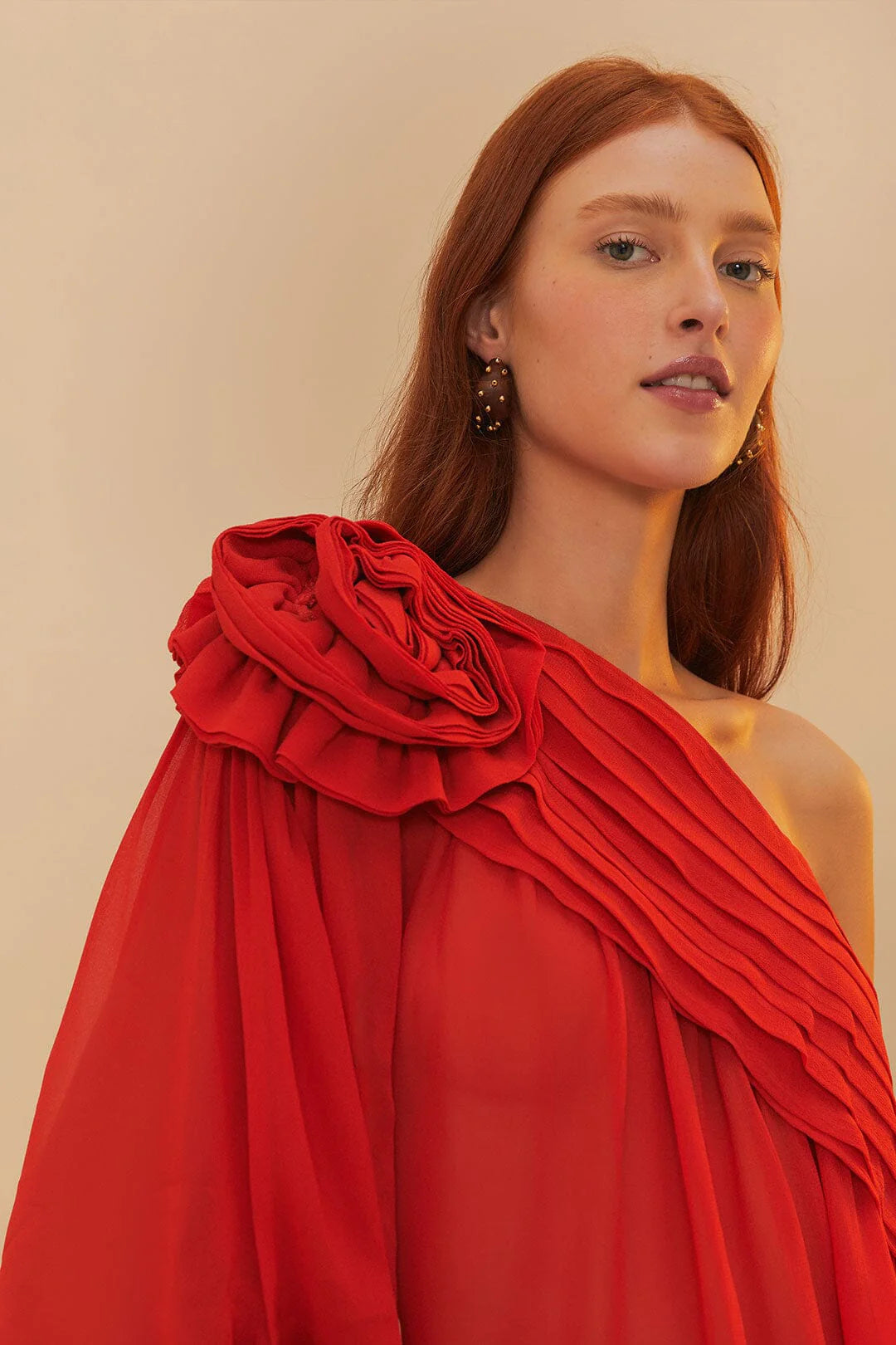 Red Rose Puff Sleeve One-Shoulder Blouse