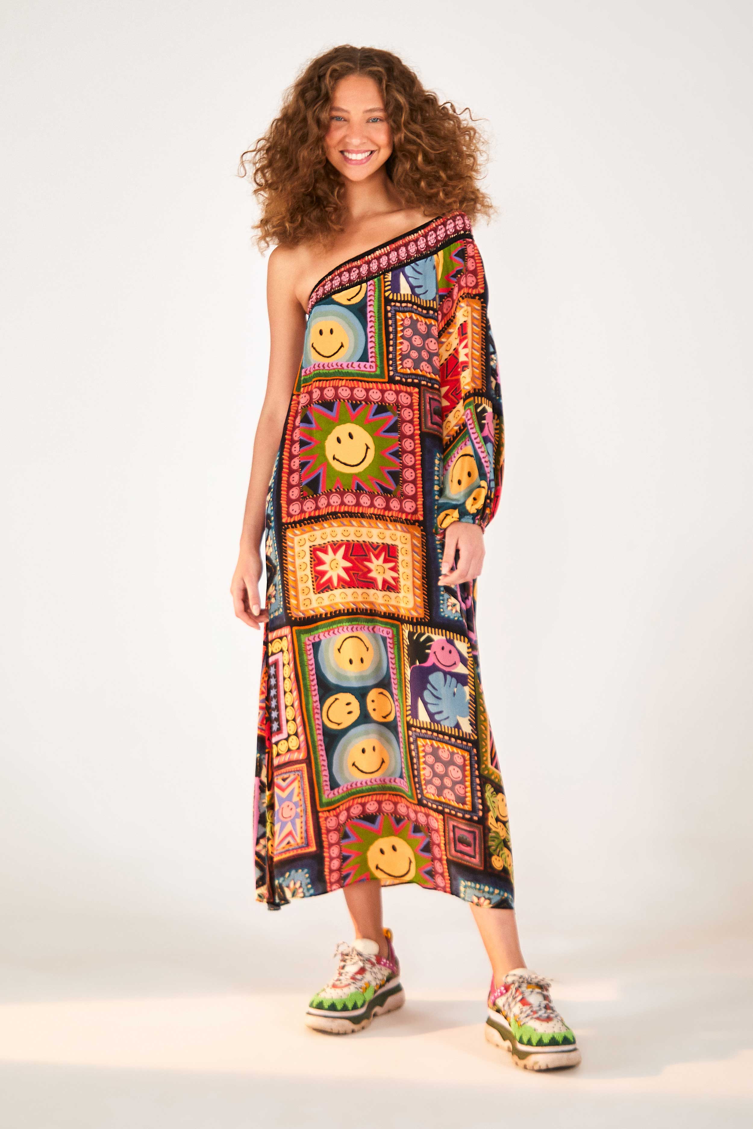 Patchwork Tapestry Smiley® One Shoulder Midi Dress