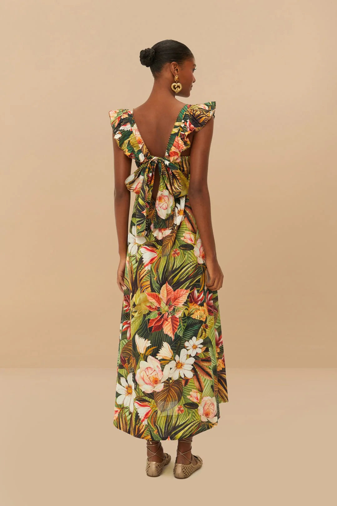 Botanical Forest Multicolor Scoop Neck Ruffled Strap Maxi Dress