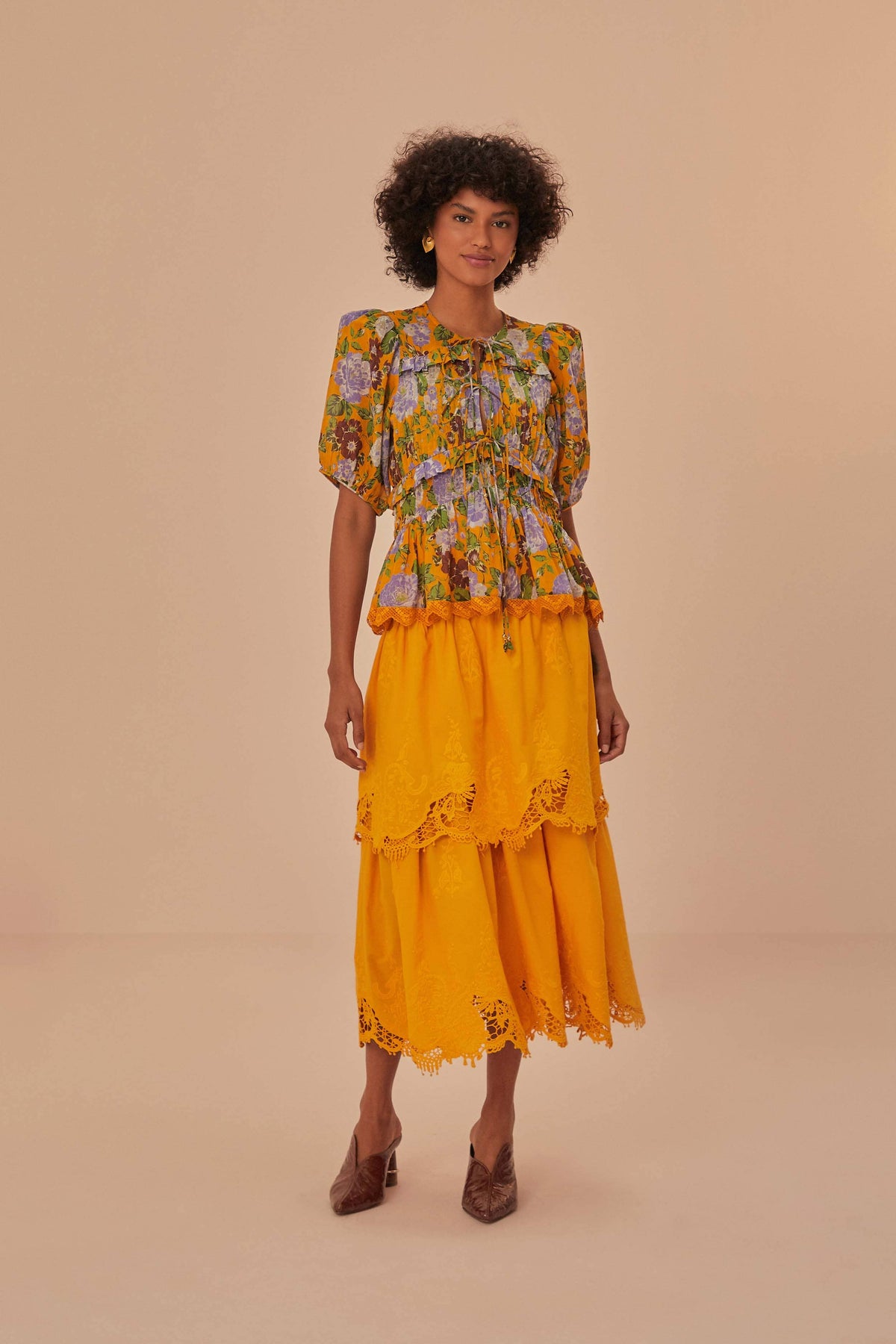 Yellow Mustard Tiered Lace Midi Skirt