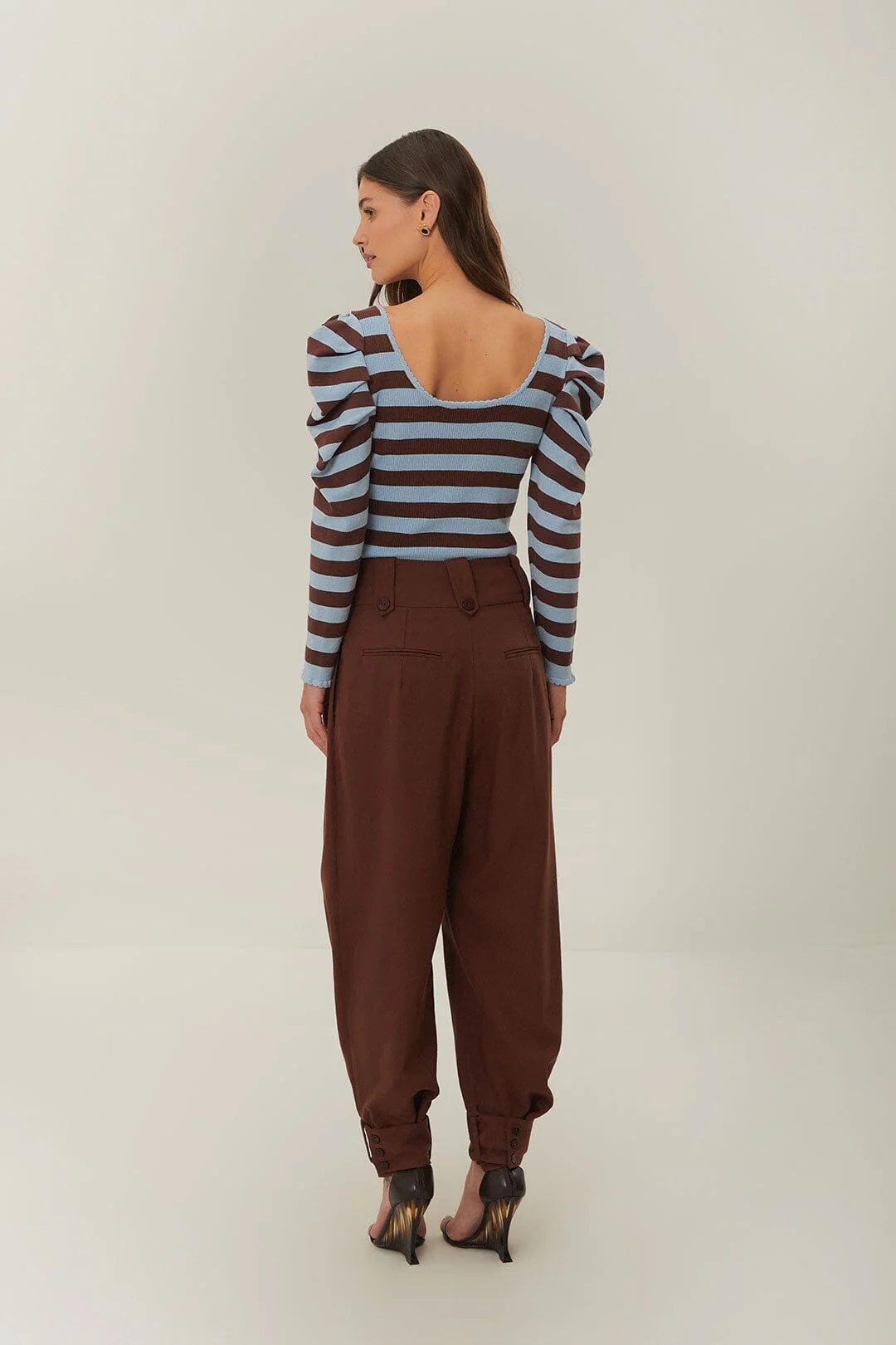 Brown High Waist Buttoned Cuff Pants