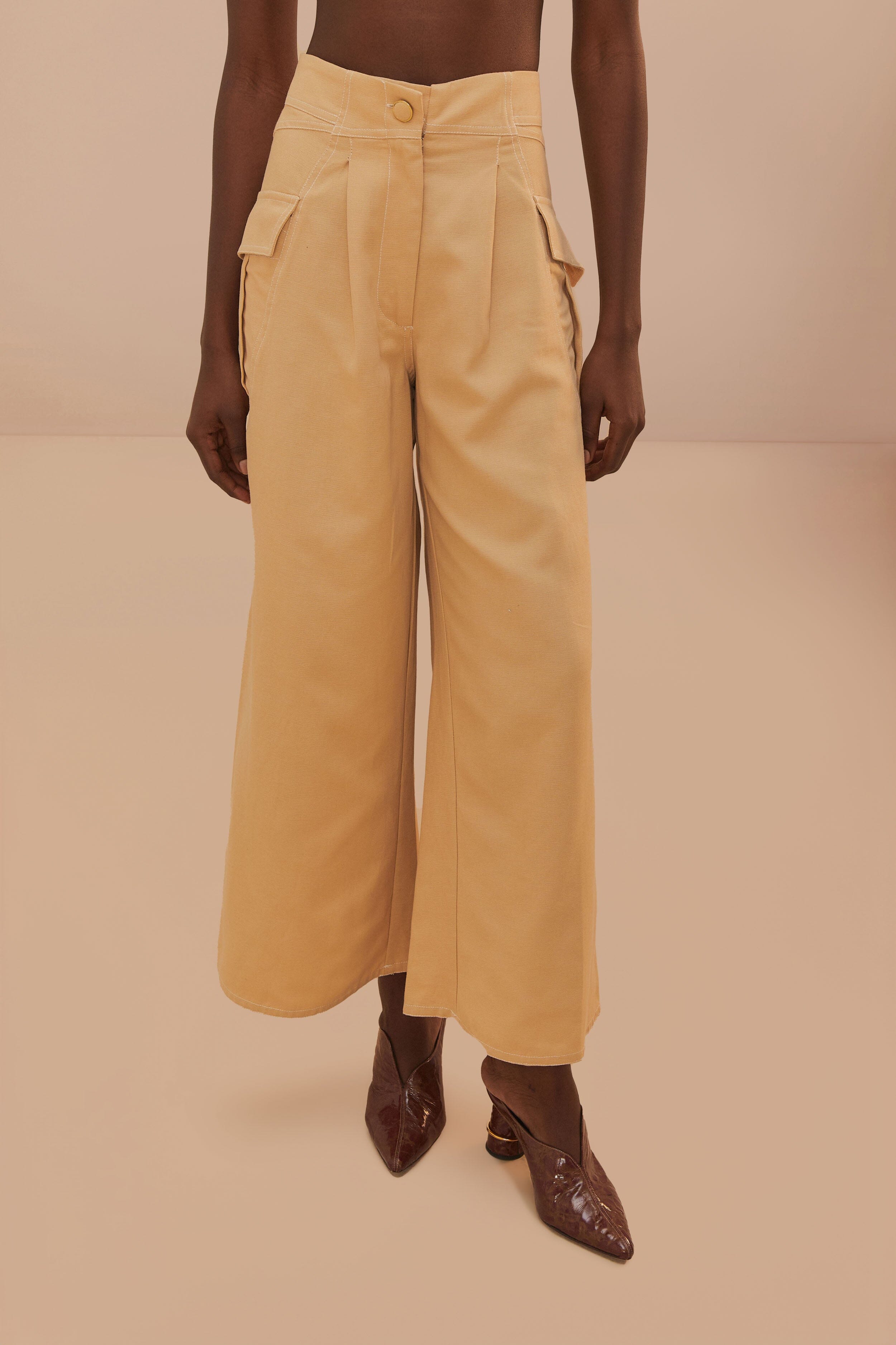 Beige Topstitch Low Waist Pants