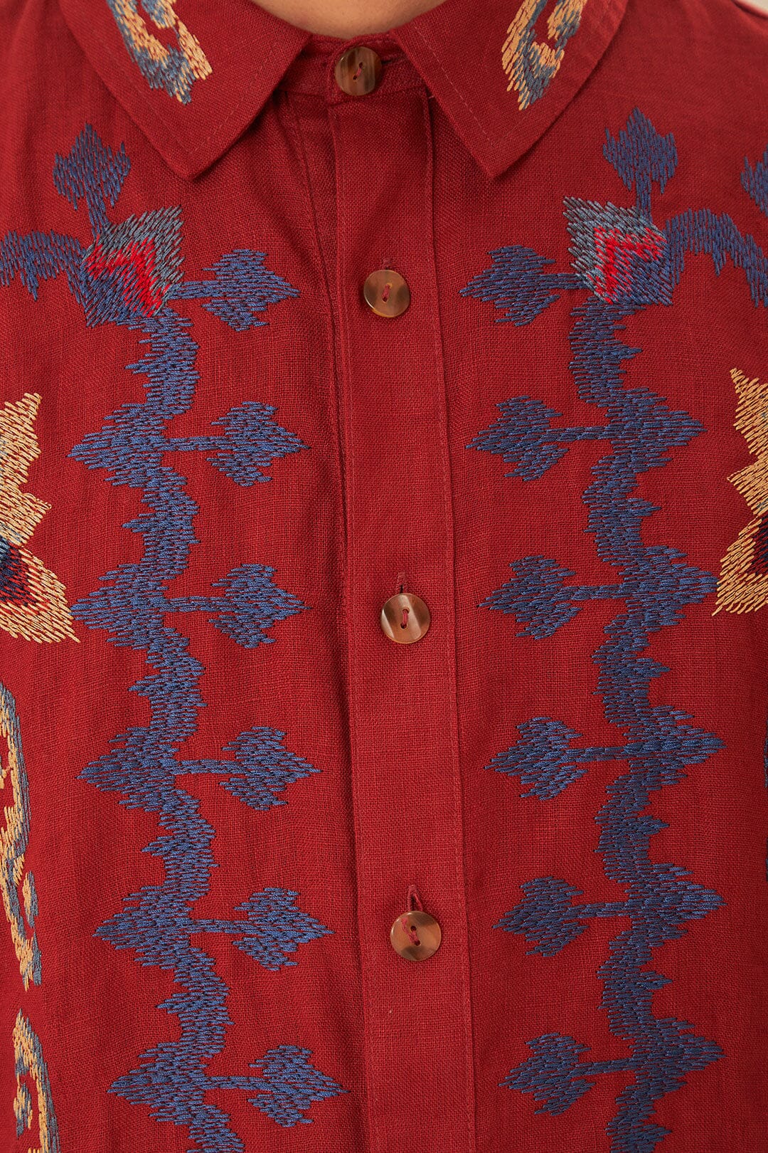 Red Floral Embroidery Jacquard Shirt