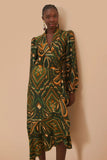 Green Pineapple Ikat Long Sleeve Midi Dress