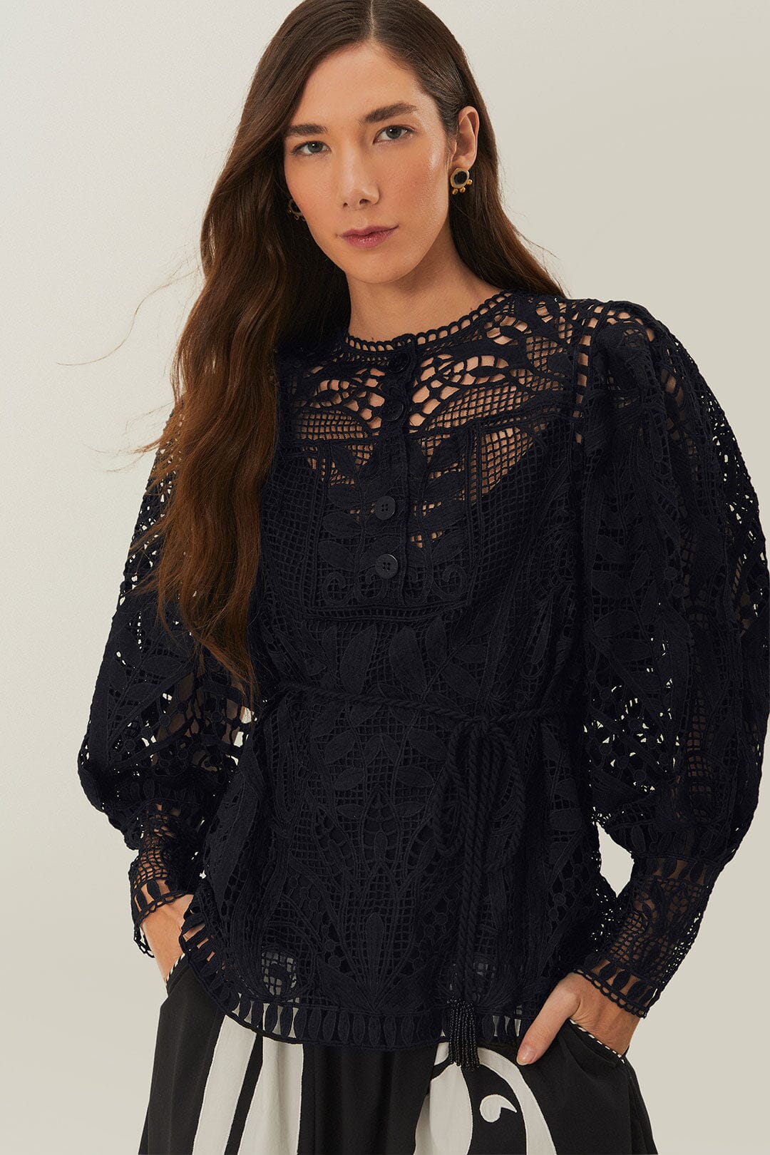 Black Guipire Puff Sleeve Blouse