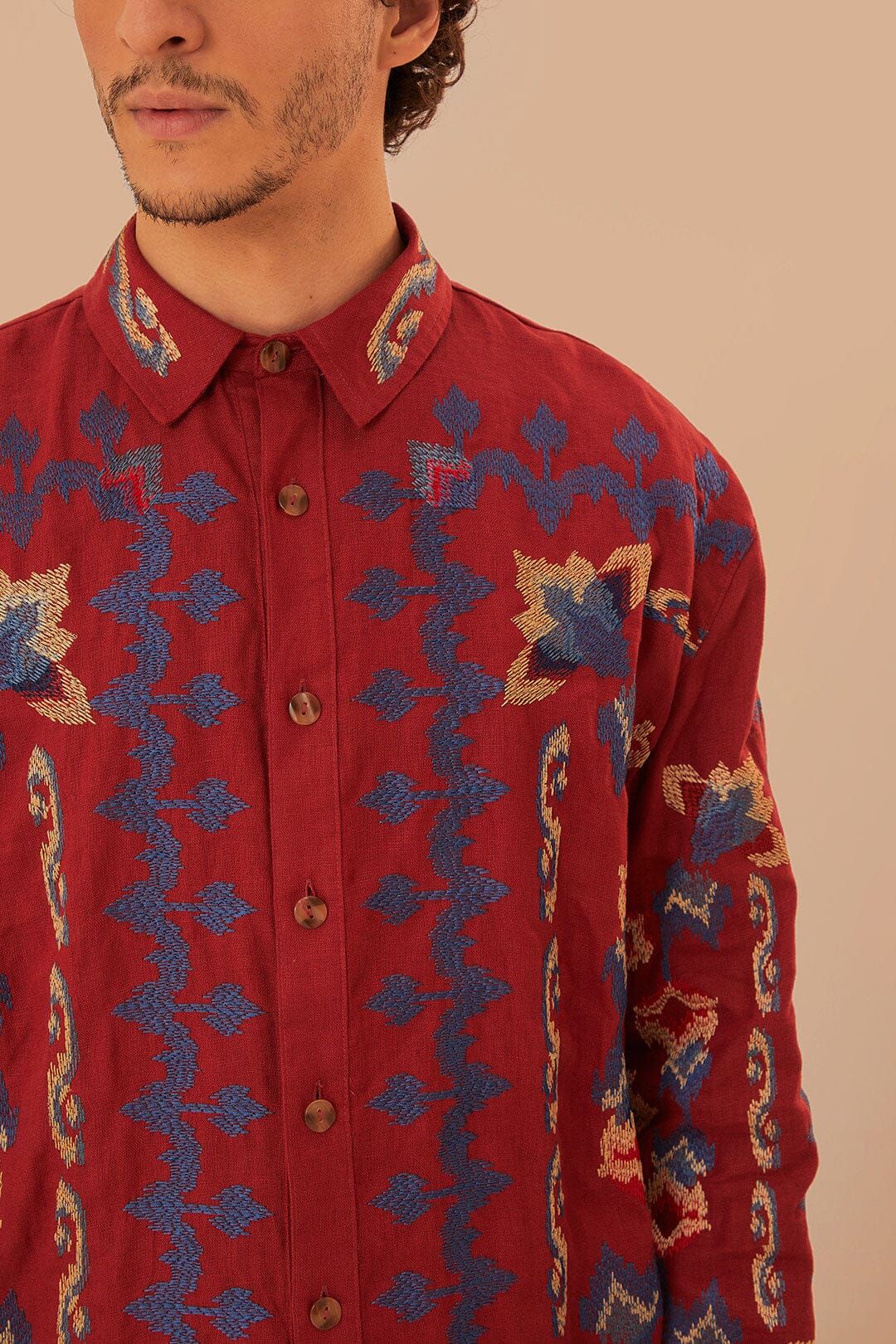 Red Floral Embroidery Jacquard Shirt