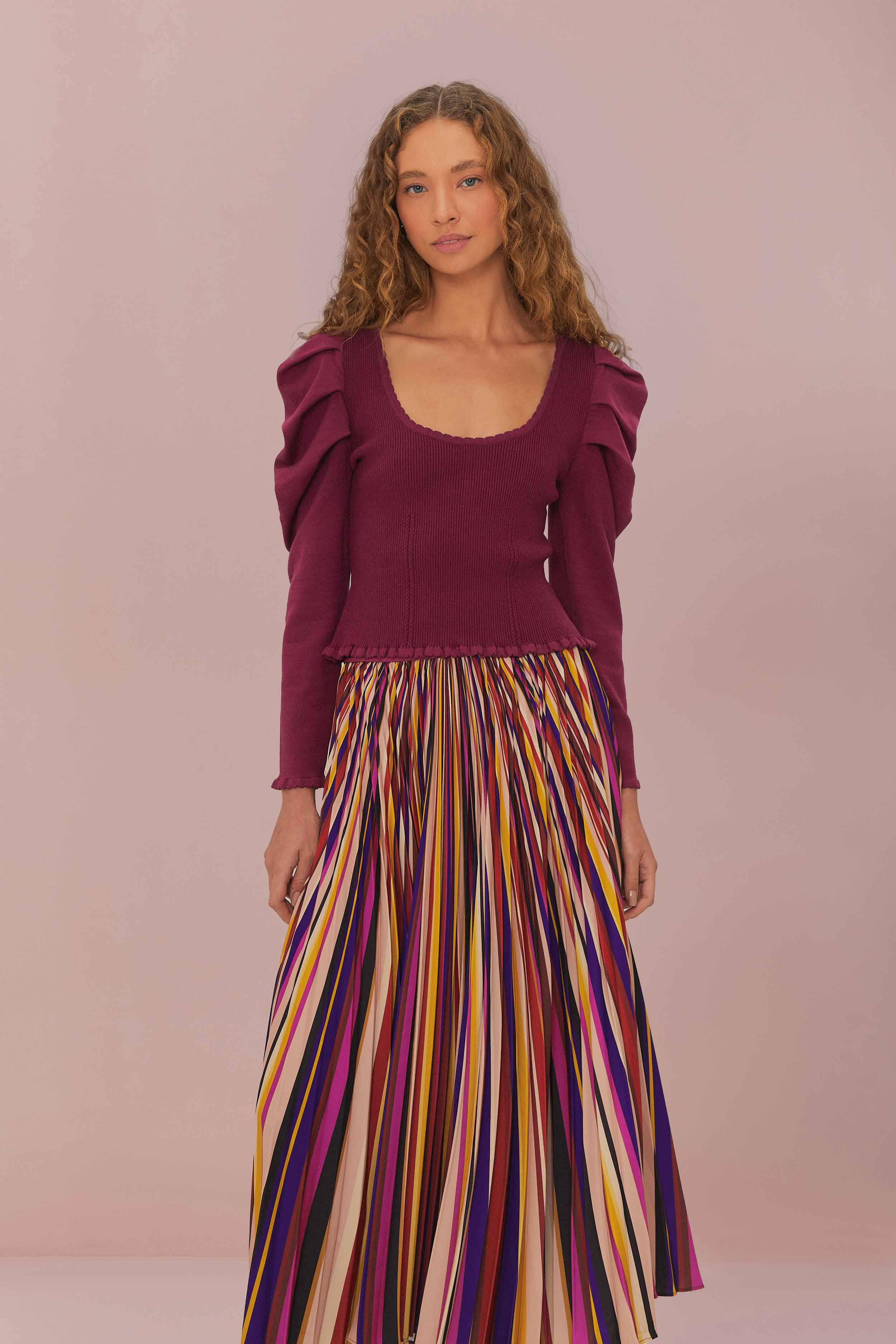 Multicolor Diagonal Stripes Pleated Maxi Skirt