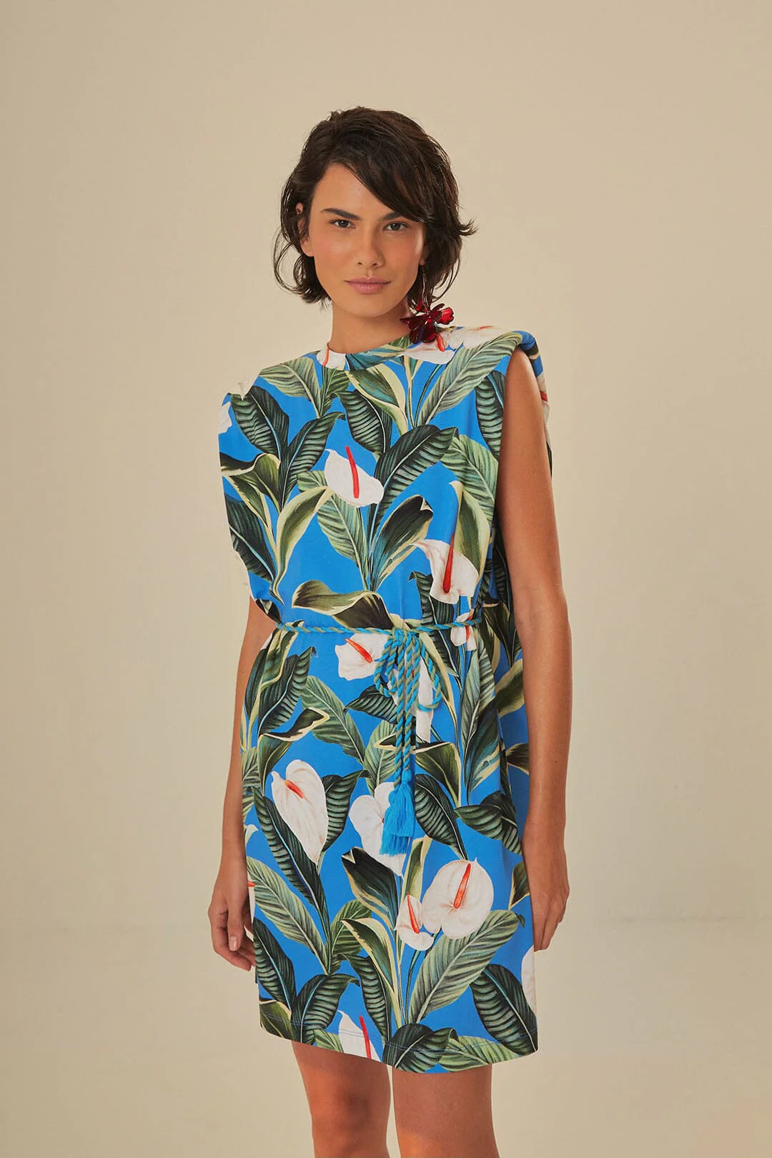 Blue Anthurium Garden Organic Cotton Mini T-Shirt Dress