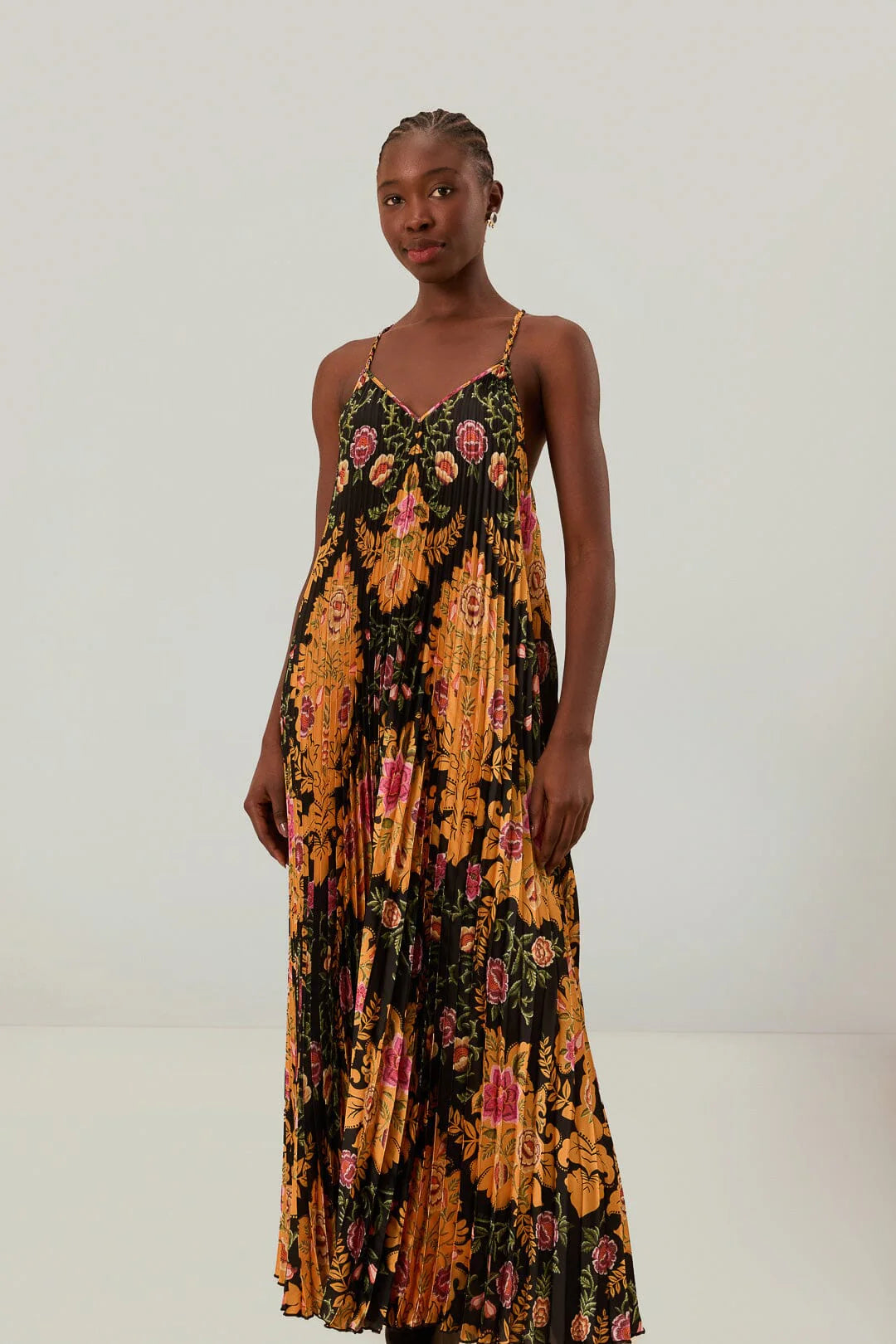 Black Arabesque Floral Pleated Midi Dress