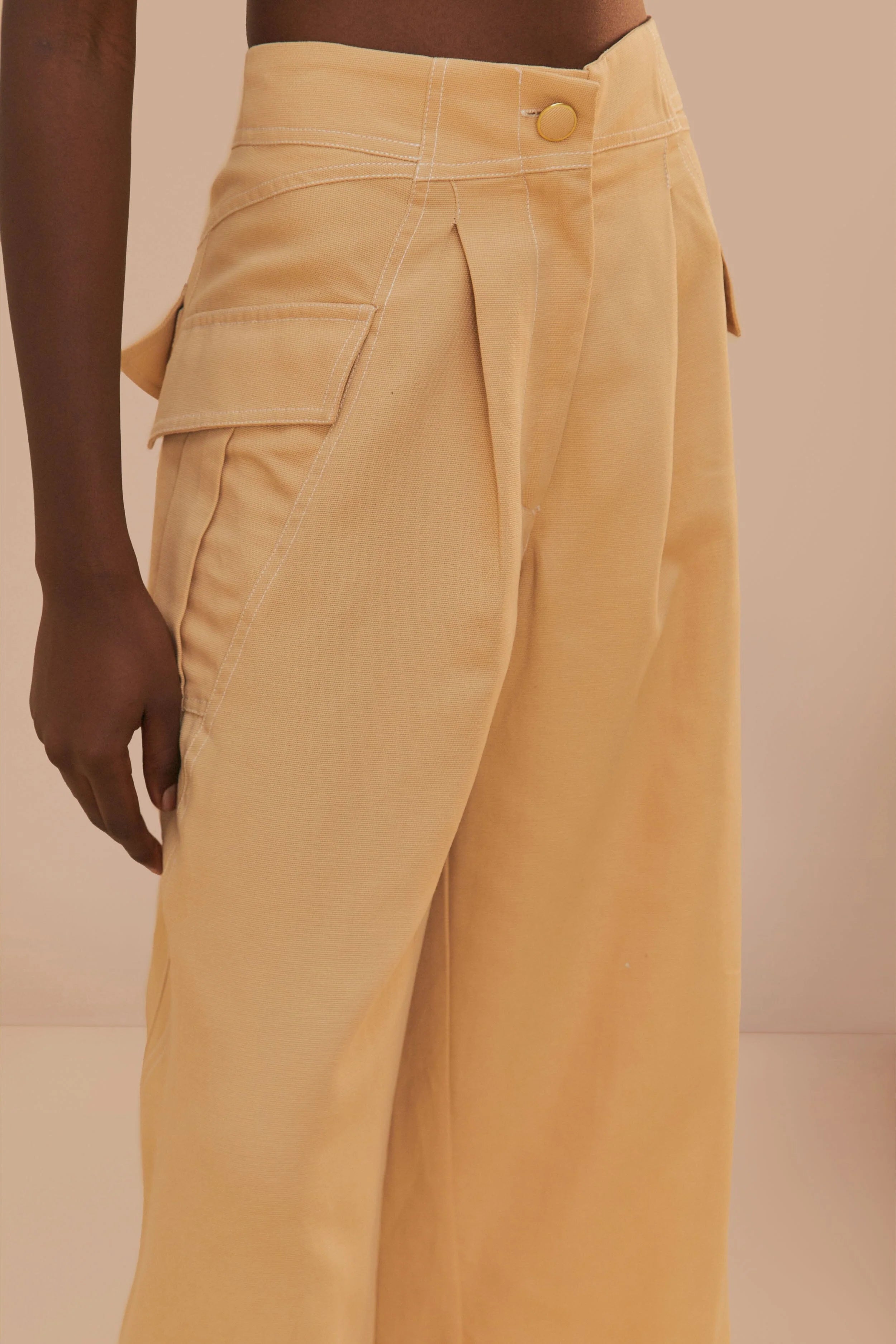 Beige Topstitch Low Waist Pants