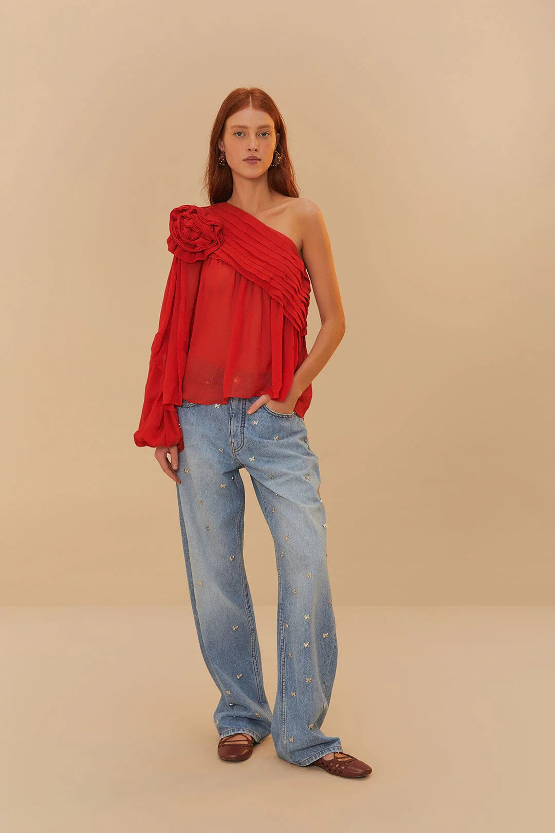 Red Rose Puff Sleeve One-Shoulder Blouse