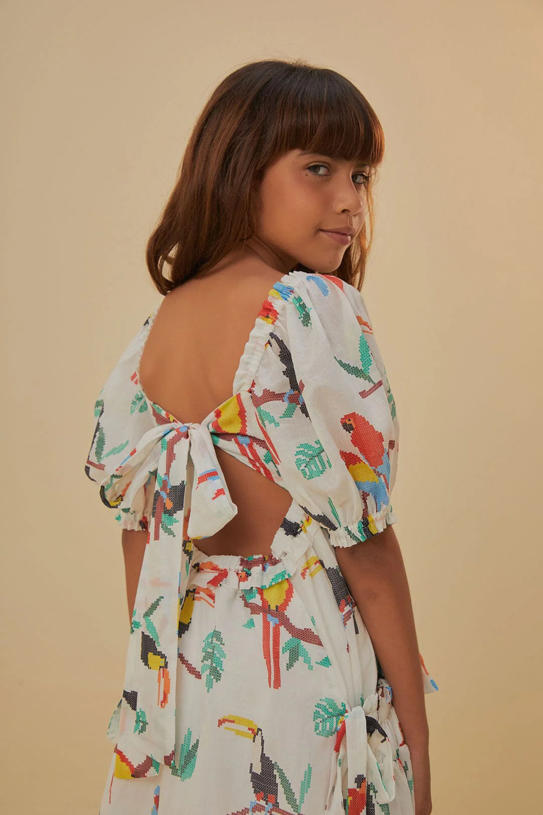 Pink Stitched Birds Kids Dress