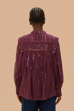 Burgundy Pleated Yoke Long Sleeve Blouse