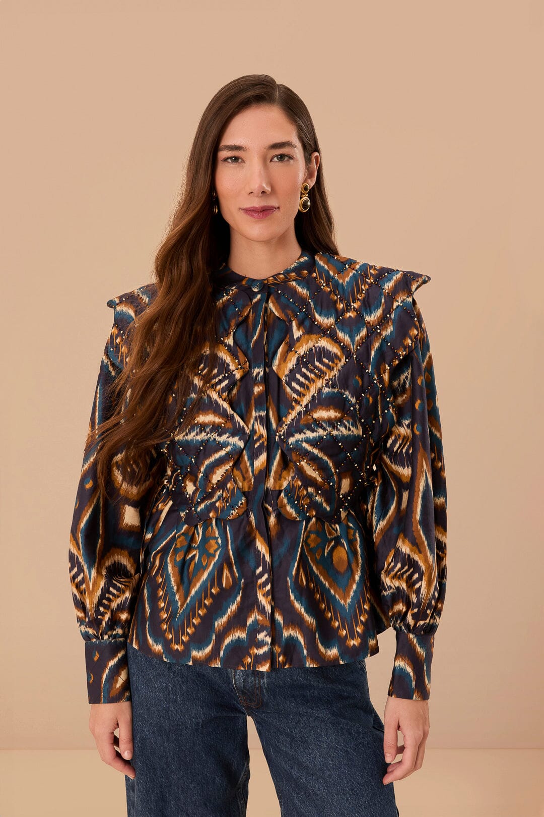 Blue Pineapple Ikat Long Sleeve Matelasse Blouse