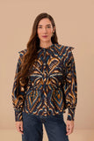 Blue Pineapple Ikat Long Sleeve Matelasse Blouse