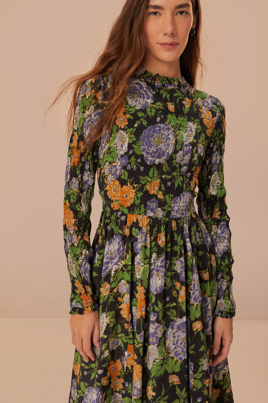 Black Capri Floral Midi Dress Long Sleeve