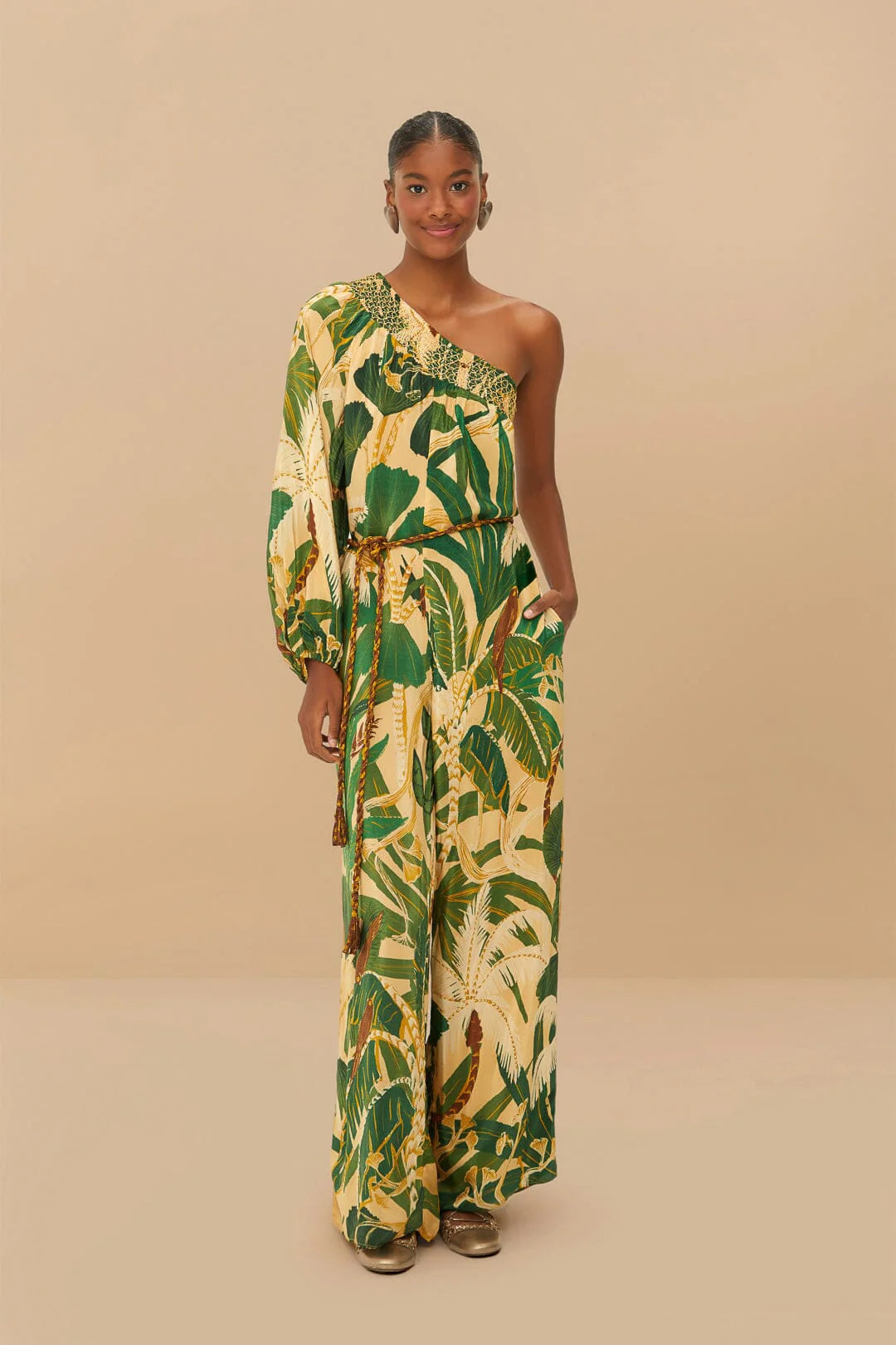 Beige Tropical Isla One-Shoulder Jumpsuit