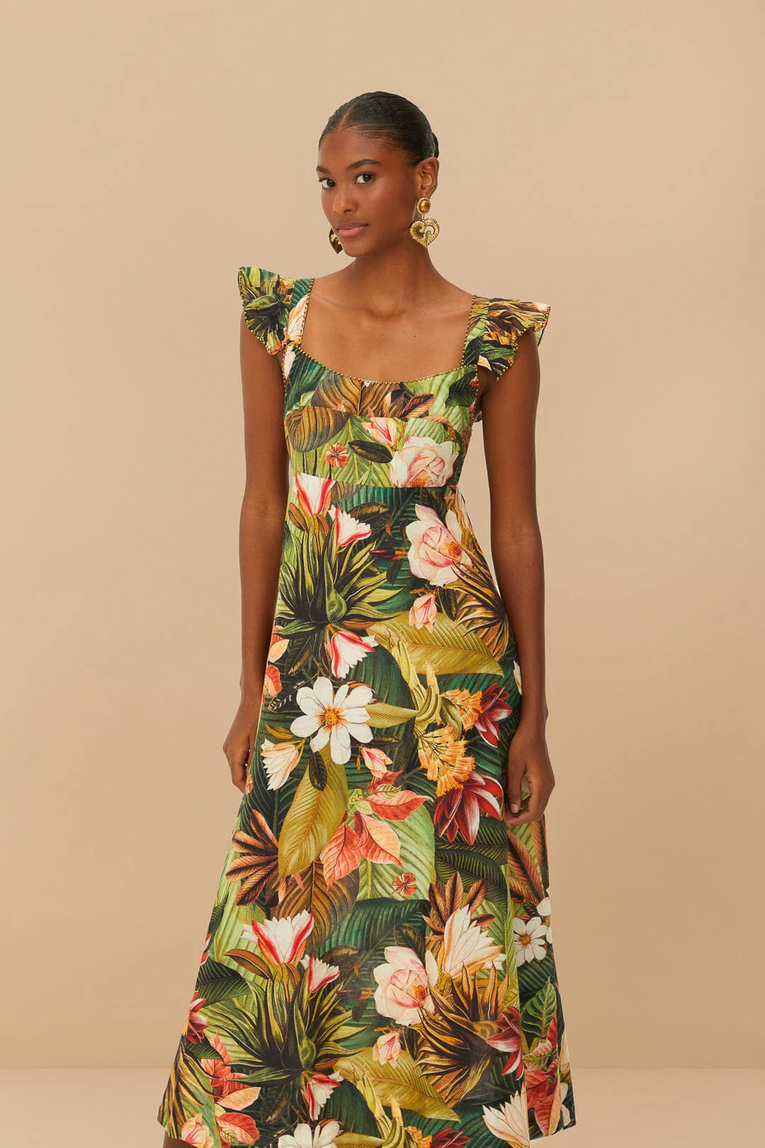 Botanical Forest Multicolor Scoop Neck Ruffled Strap Maxi Dress