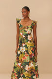 Botanical Forest Multicolor Scoop Neck Ruffled Strap Maxi Dress