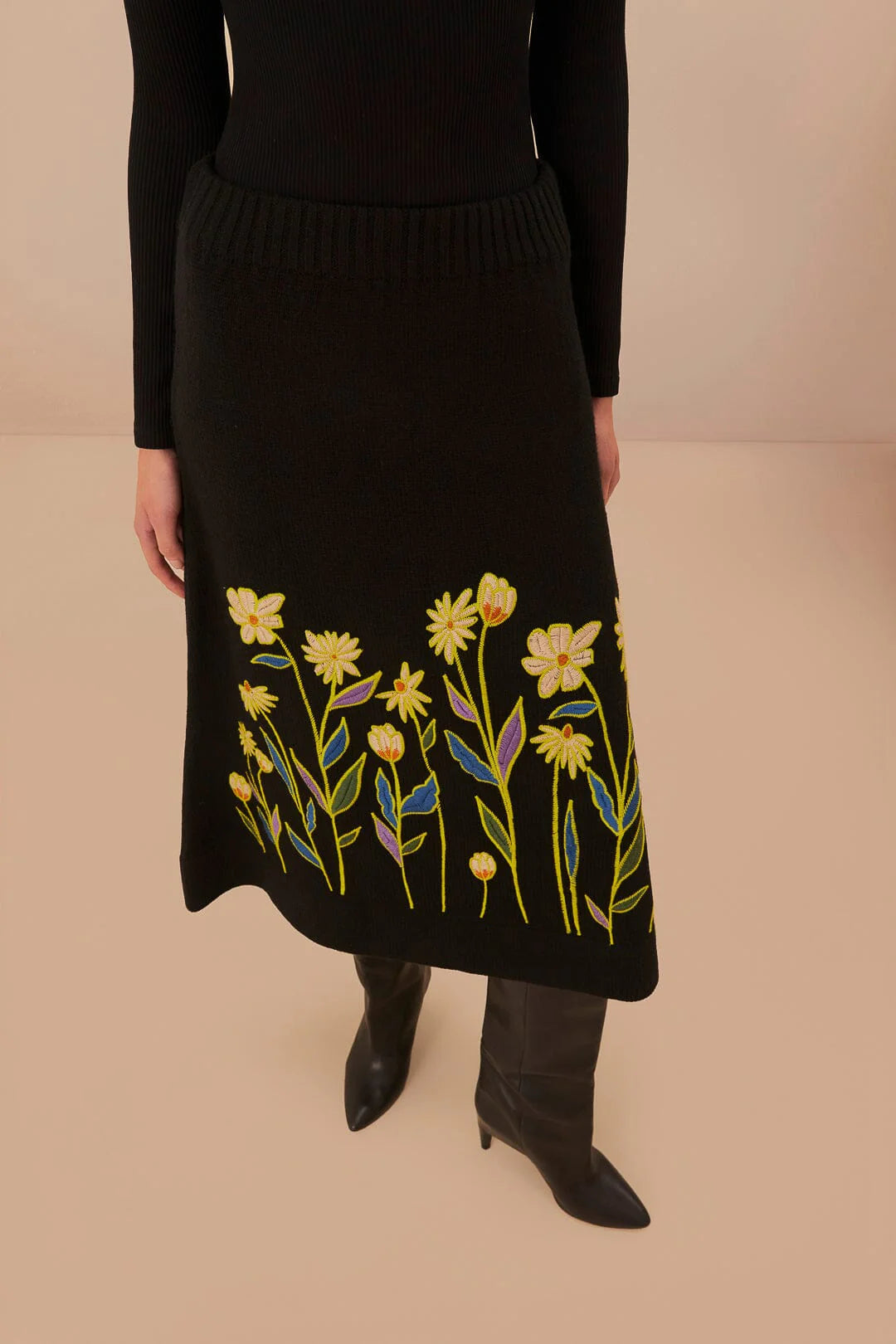 Black Farm Rio Flowers Embroidered Knit Skirt