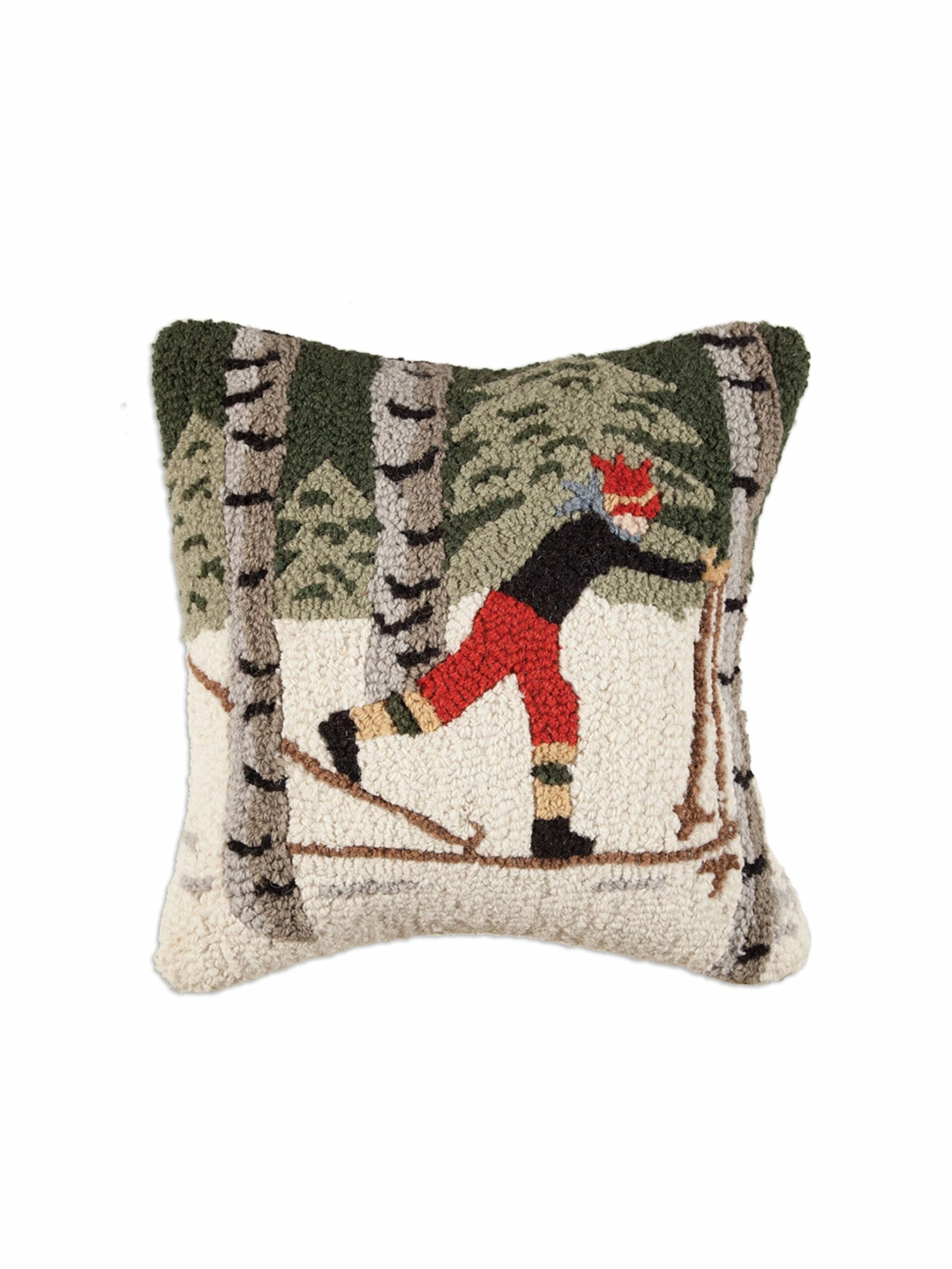 Back Country Skier Hooked Wool Square Pillow