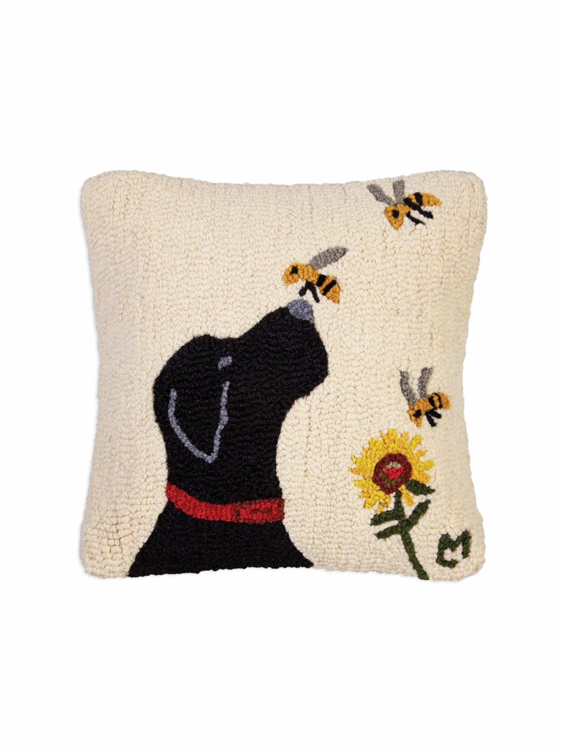 Black Lab with Bee and Flower Hooked Wool Pillow