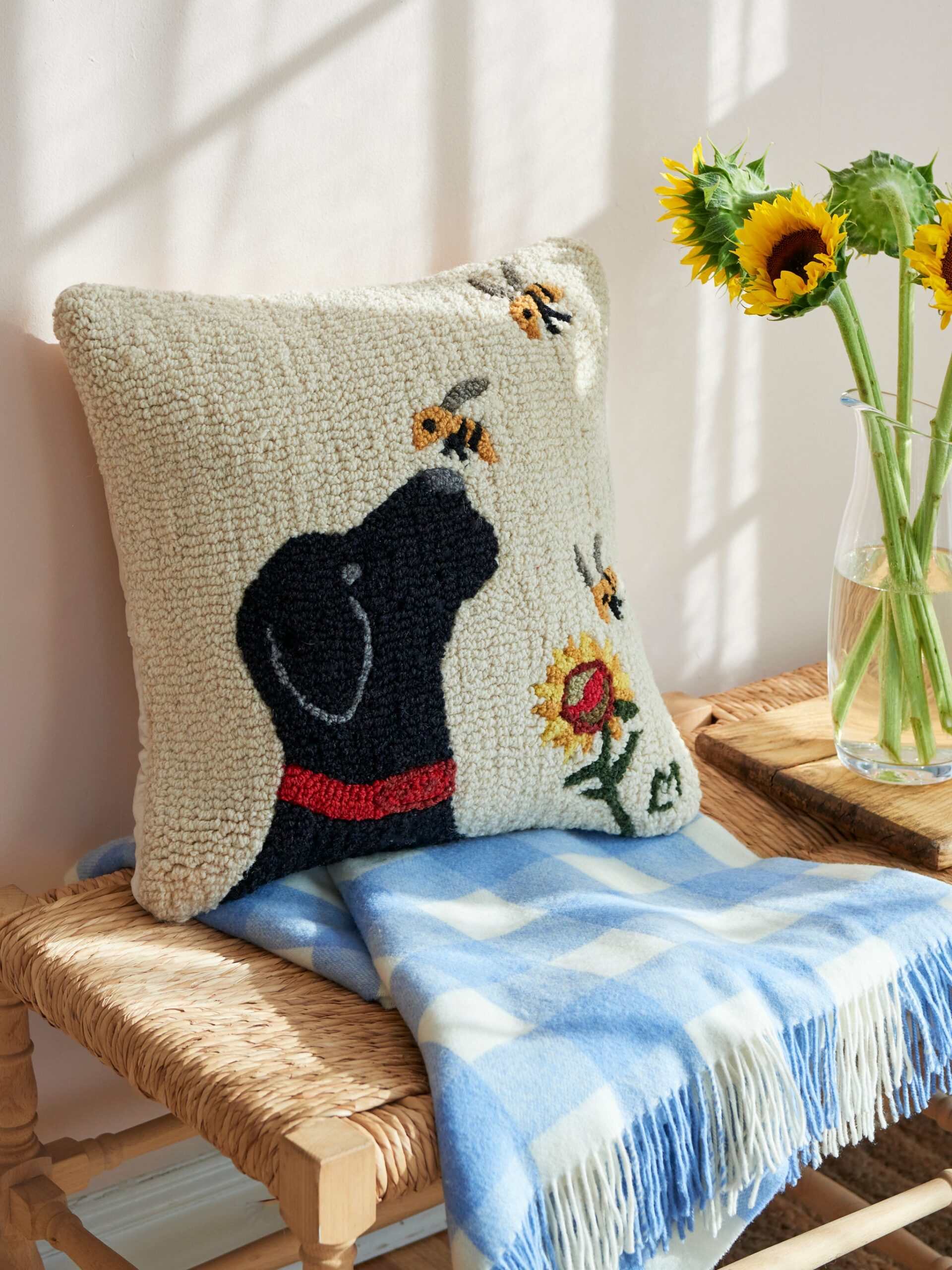 Black Lab with Bee and Flower Hooked Wool Pillow