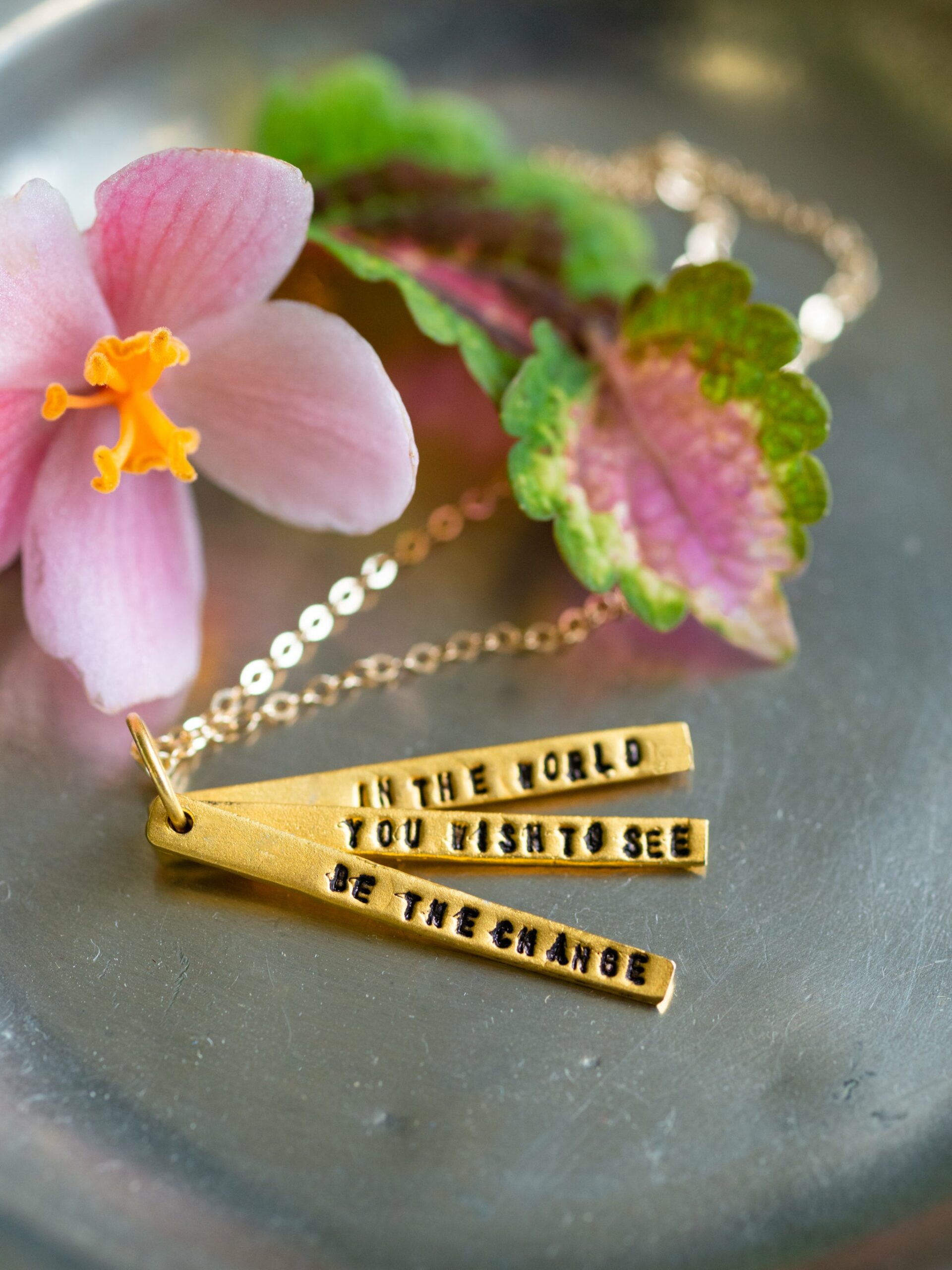 Chocolate & Steel Long-Bar Quote Necklace Gandhi