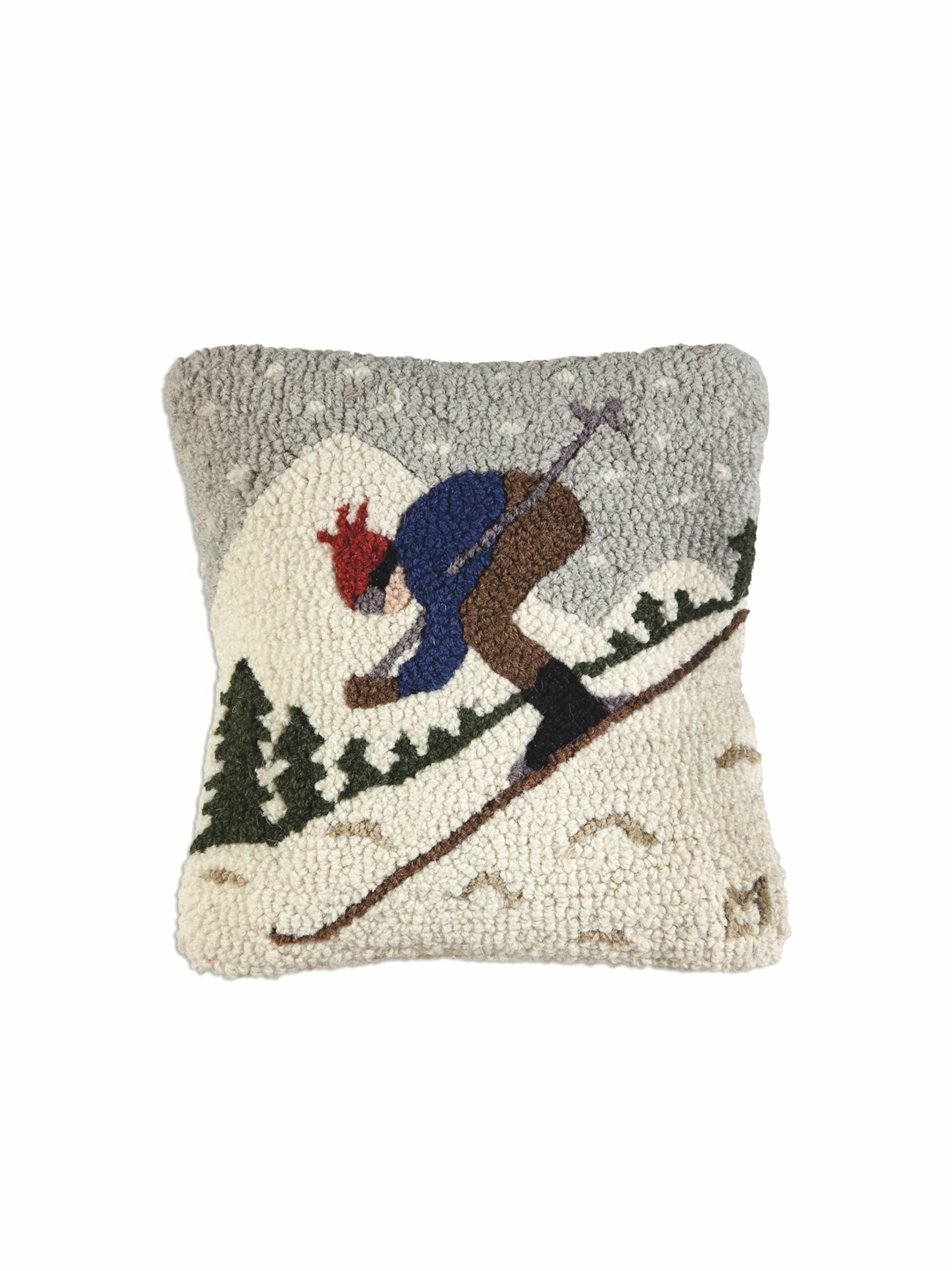 Downhill Skier Hooked Wool Square Pillow